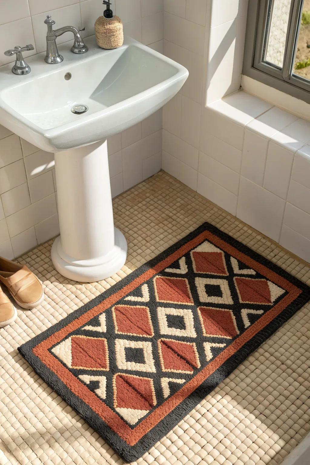 A “rug” you can mop—bold inlay tile mat by the sink for a custom half-bath moment.