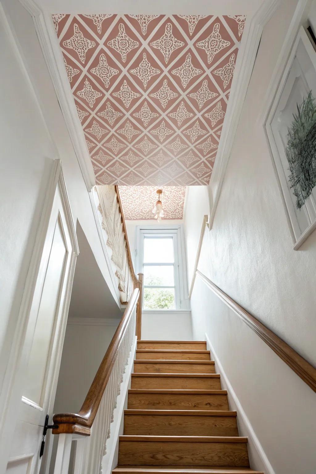 Paint the stairwell ceiling like a fifth wall—soft color + subtle pattern for instant wow.