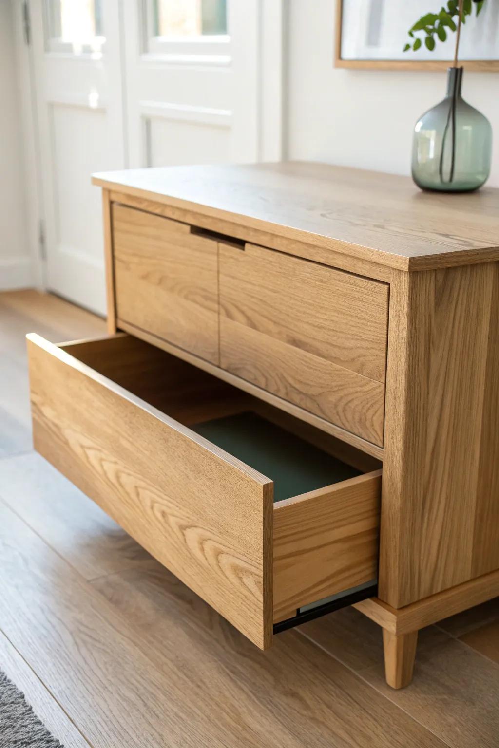 Secret toe-kick drawer storage: a hidden spot for keys and tiny essentials in the hallway.