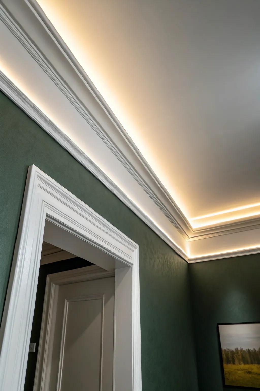 Hidden perimeter LEDs make a small hallway ceiling float with a warm, luxe glow.