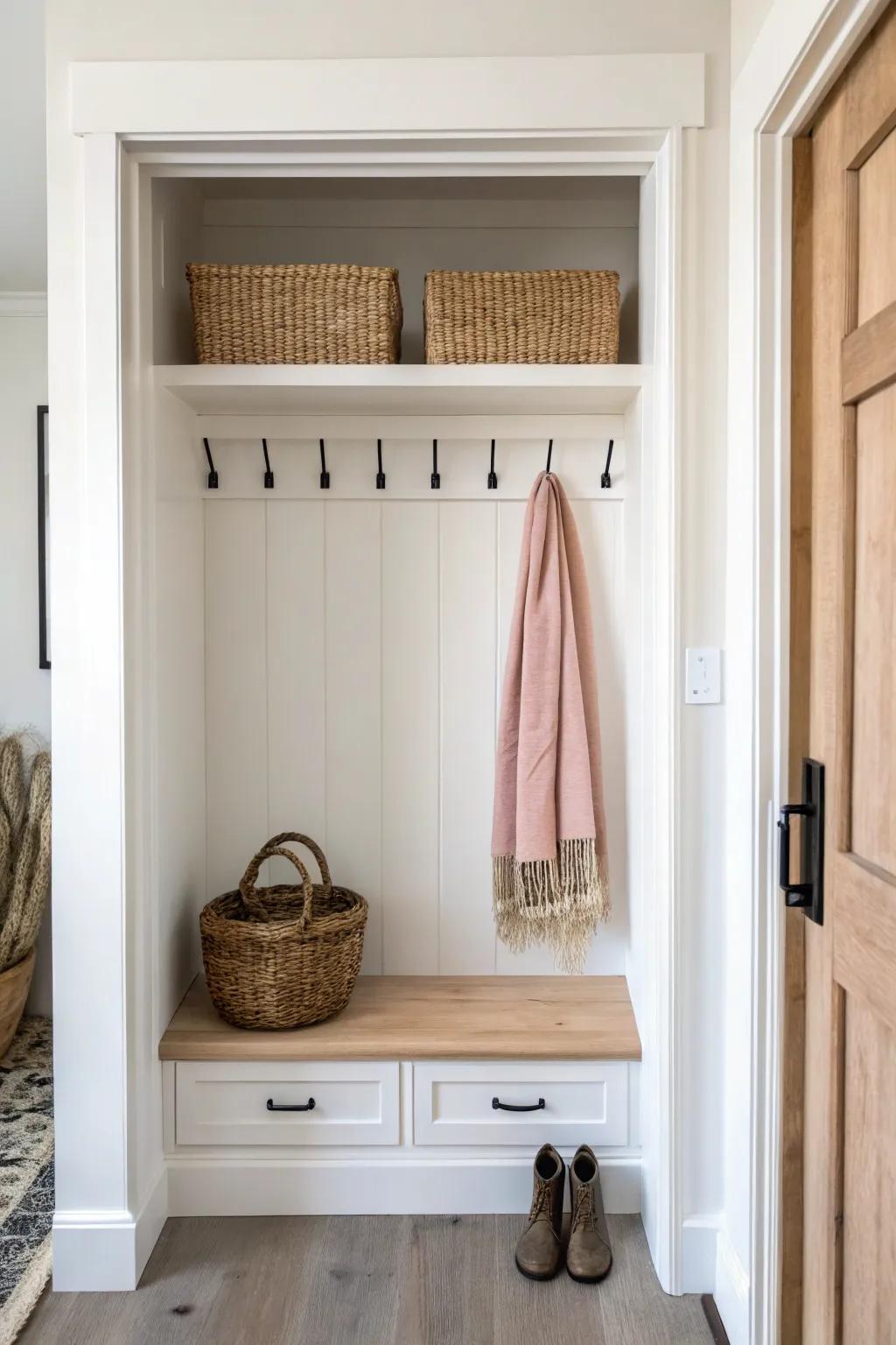 Remove the door and style your hallway closet like a chic open nook with hooks + basket.