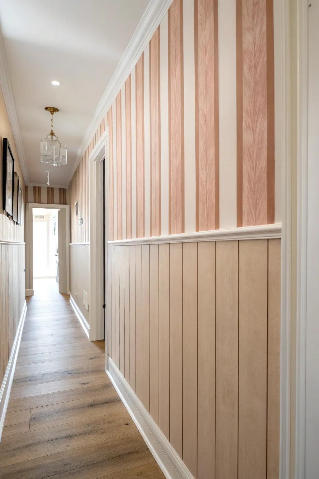 Hand-painted tonal vertical stripes add height and personality to even the narrowest hallway.