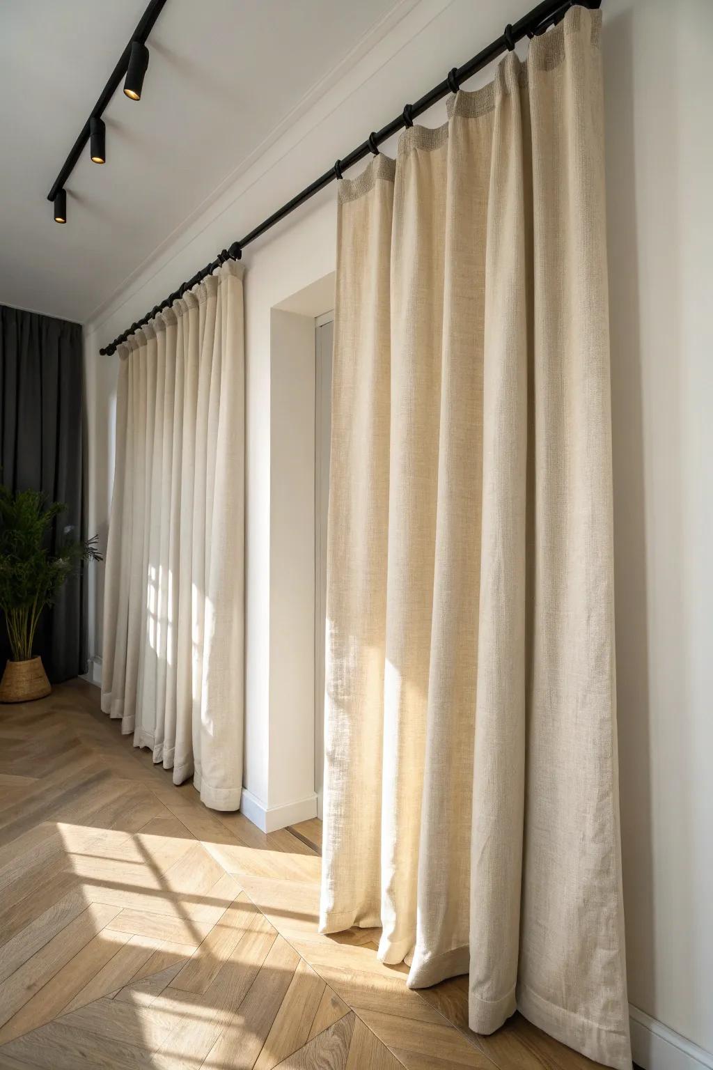 A ceiling-mounted linen curtain closet hides entry clutter—minimal, warm, and renter-friendly.