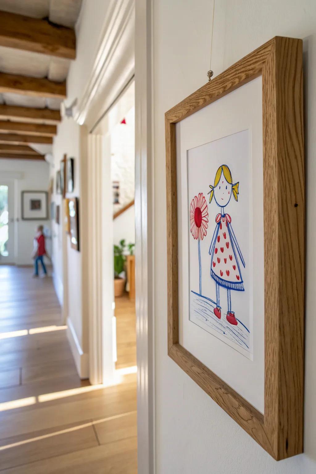 One bold kid’s masterpiece in a matching frame—instant gallery-wall charm for tiny halls.