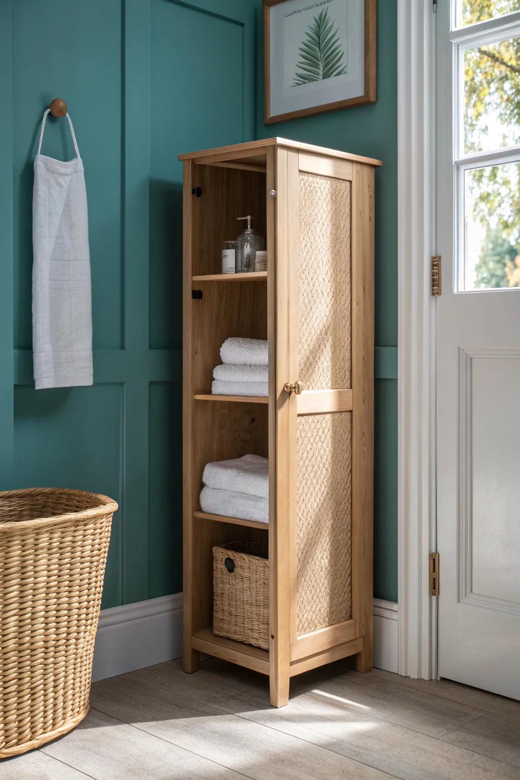 Hallway laundry cabinet beside the bathroom—towels in reach, laundry drop-off made effortless.