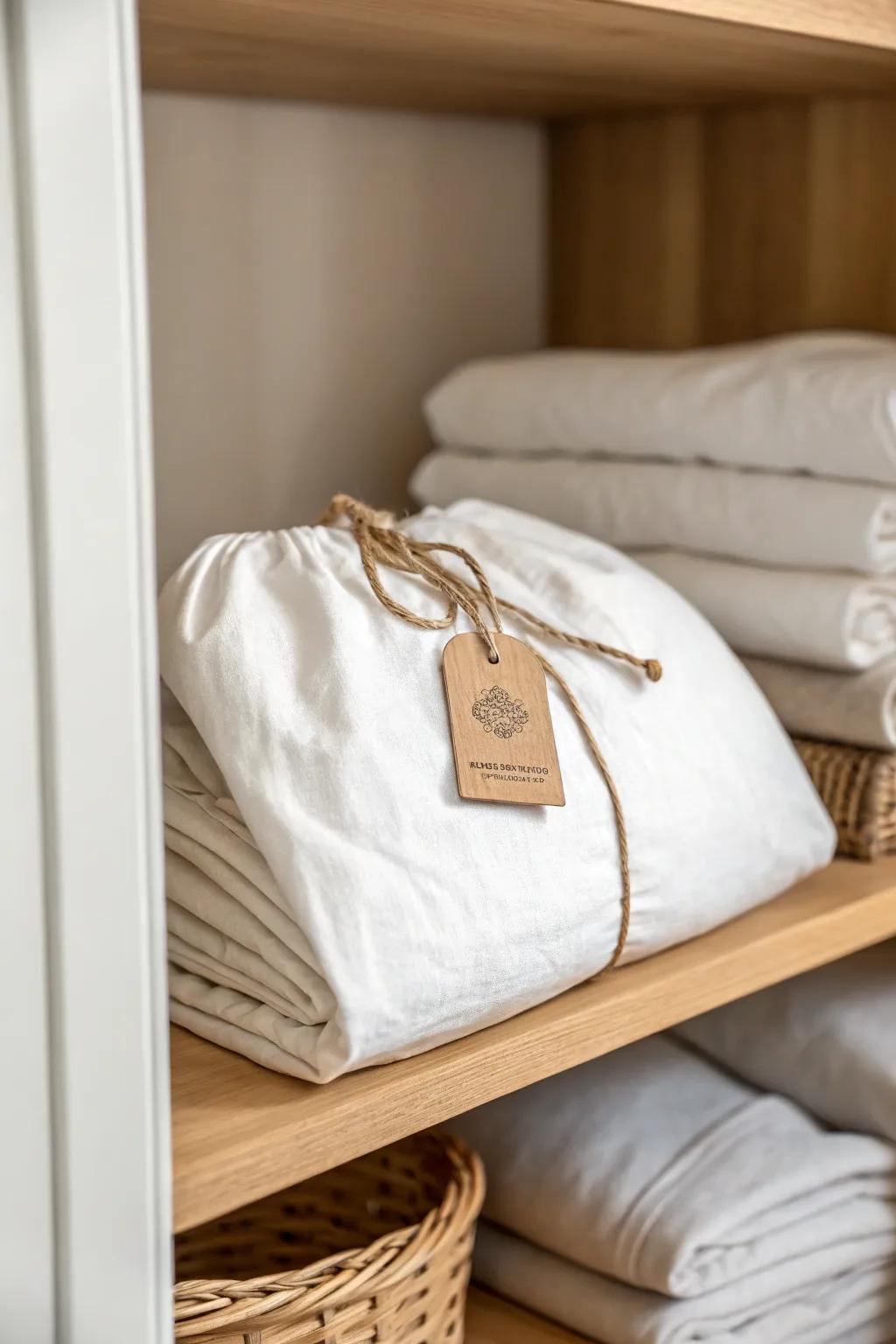 Bundle sheets by bed size—tucked into one pillowcase for a neat, grab-and-go closet