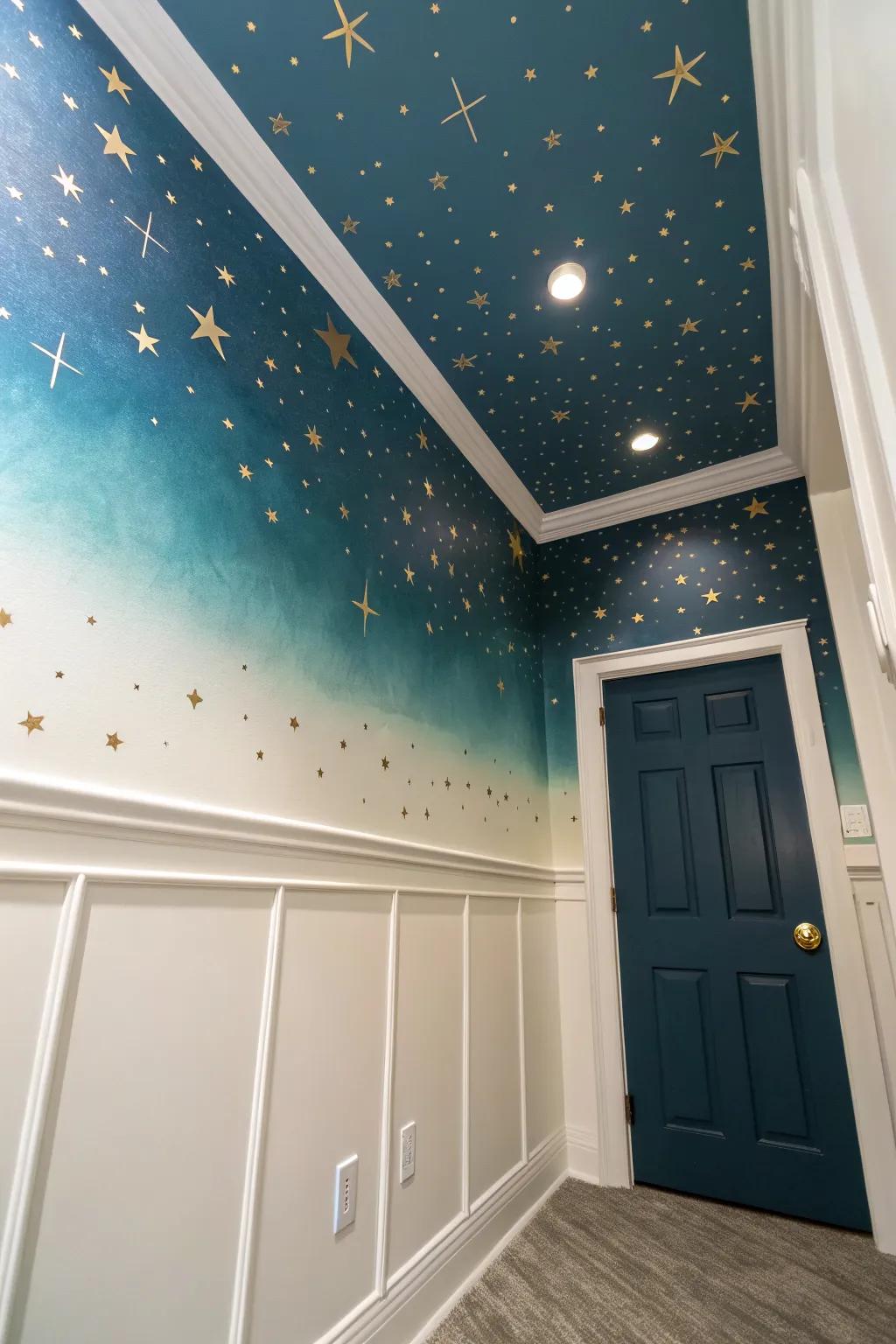 Ceiling-to-wall starry fade: the chic trick that makes a tiny hallway feel cozy and intentional.