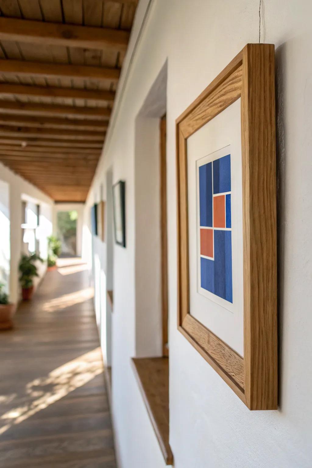 One bold frame, perfectly spaced—turn a long hallway into a soothing visual ruler.