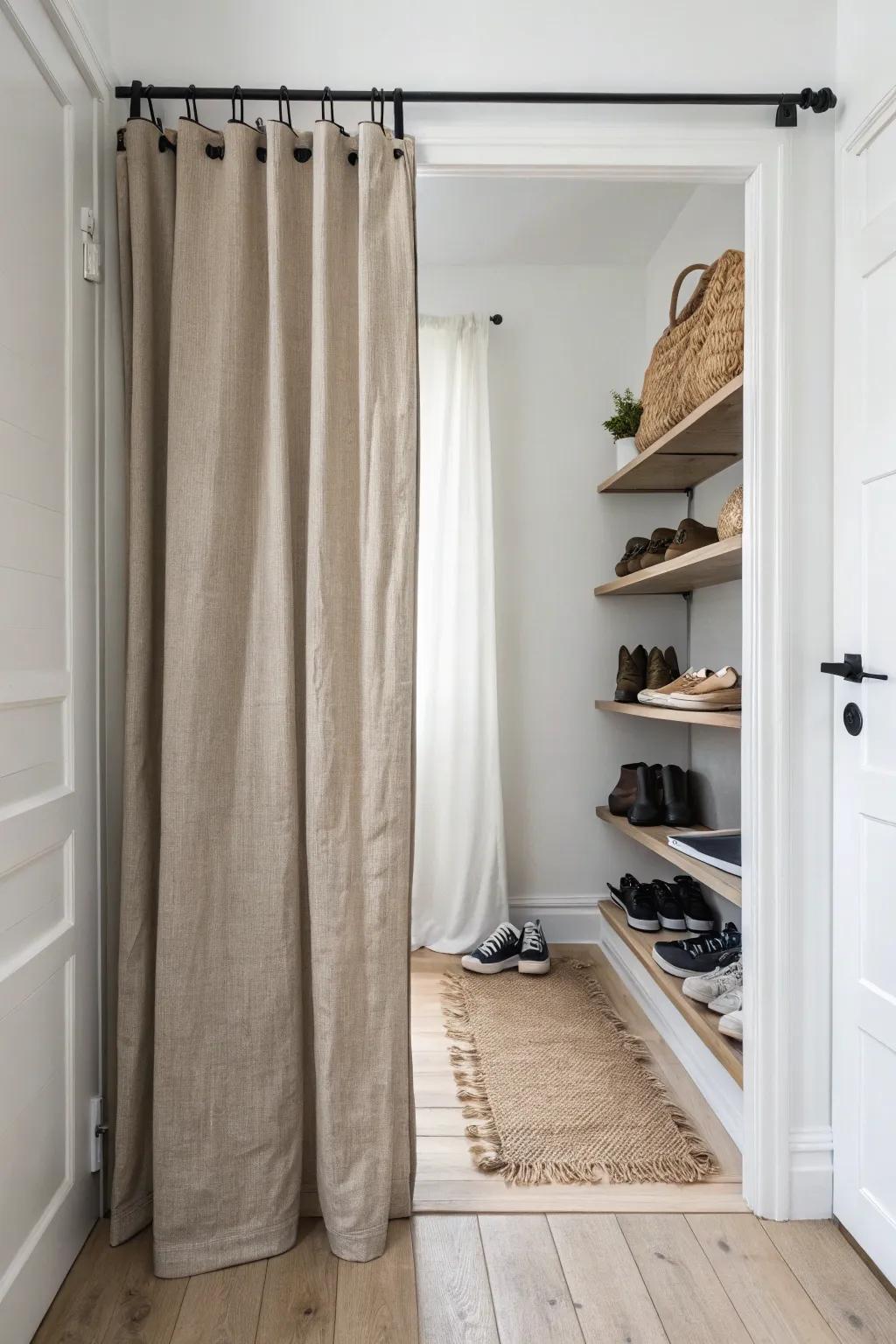 A calm entry at first glance—pull back the linen curtain to reveal a sleek shoe station.