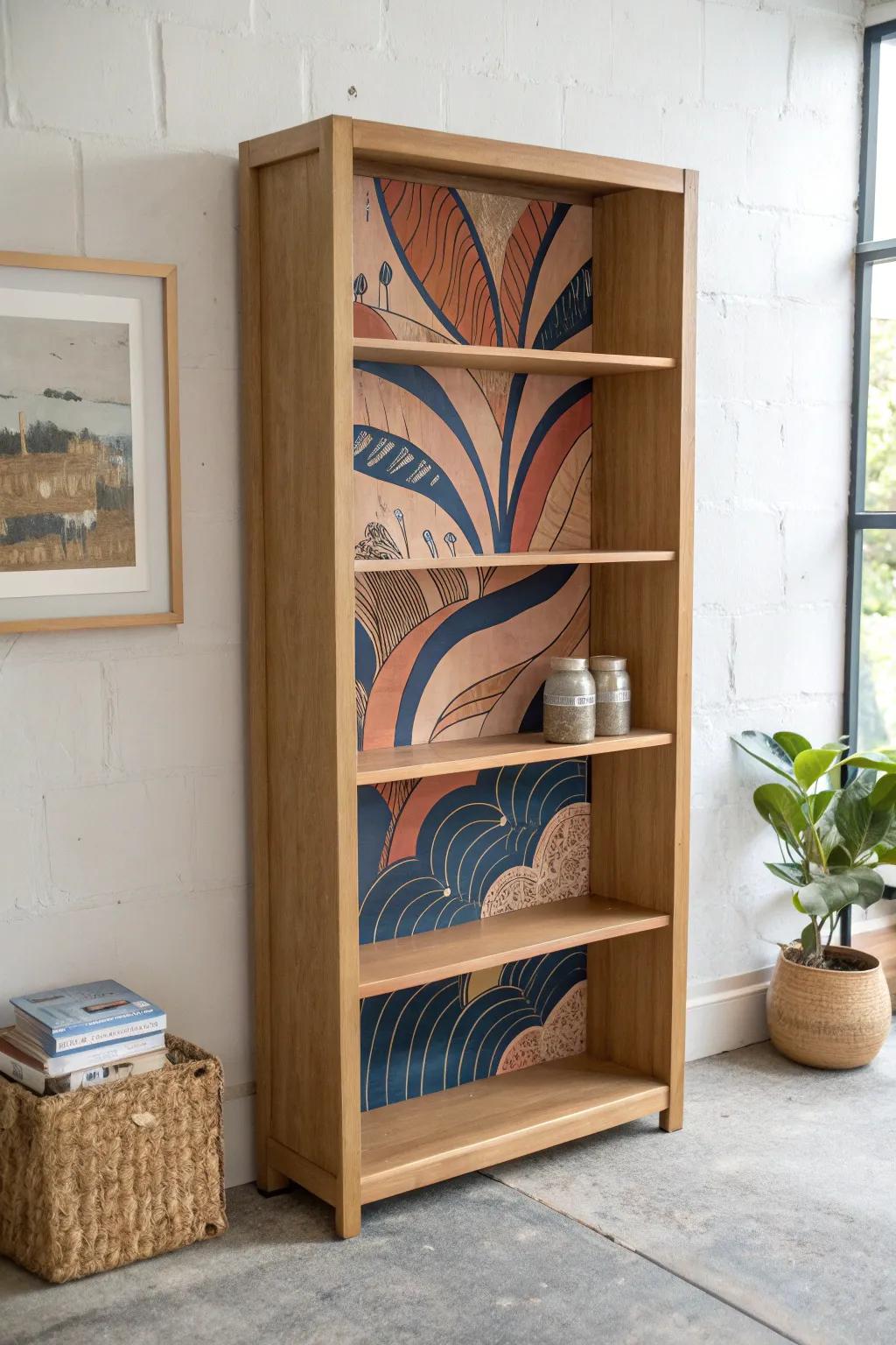 A tiny hand-painted mural transforms a simple bookcase into bold, minimalist art.