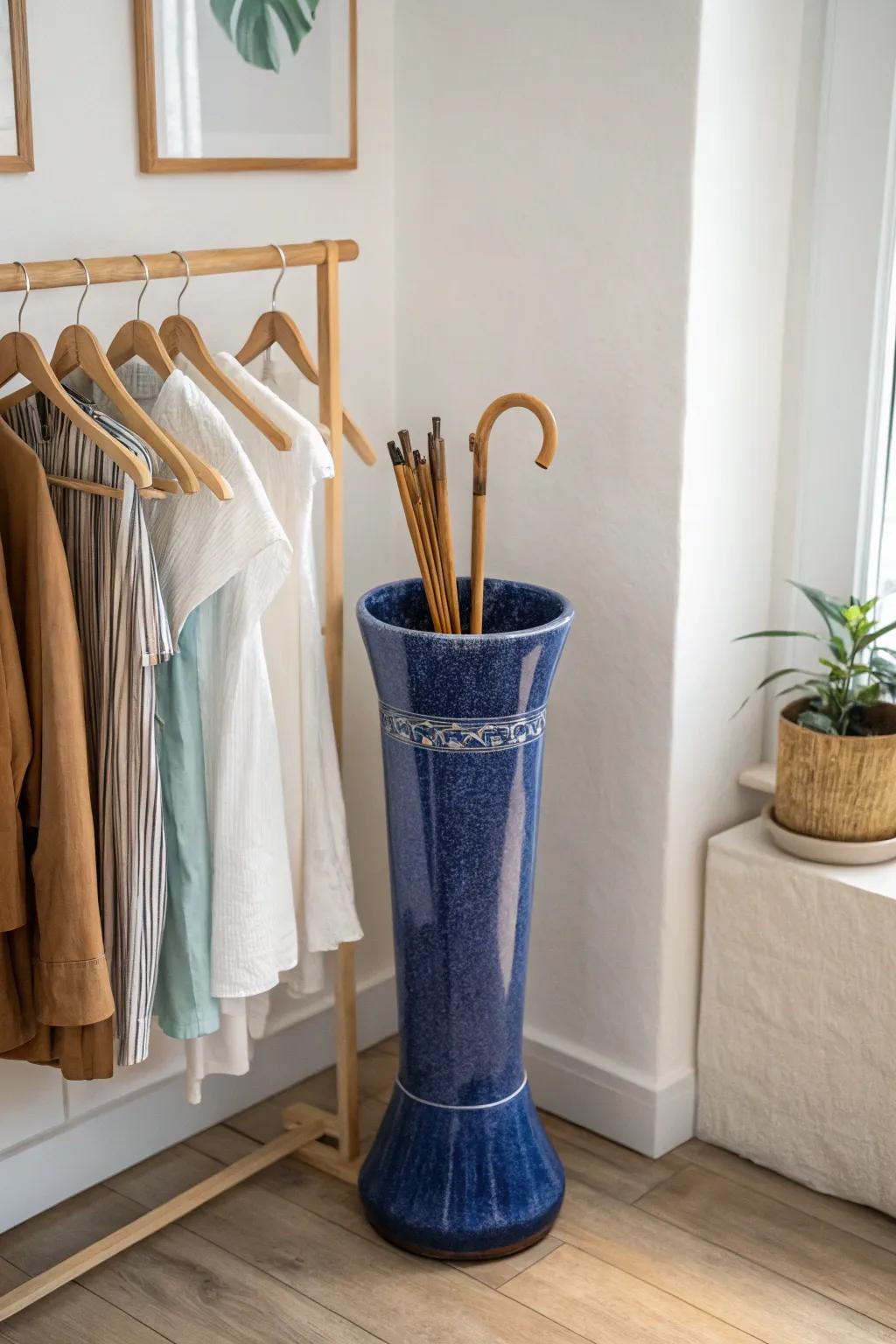 Turn a dead corner into chic storage: stand empty hangers upright in a tall umbrella holder.