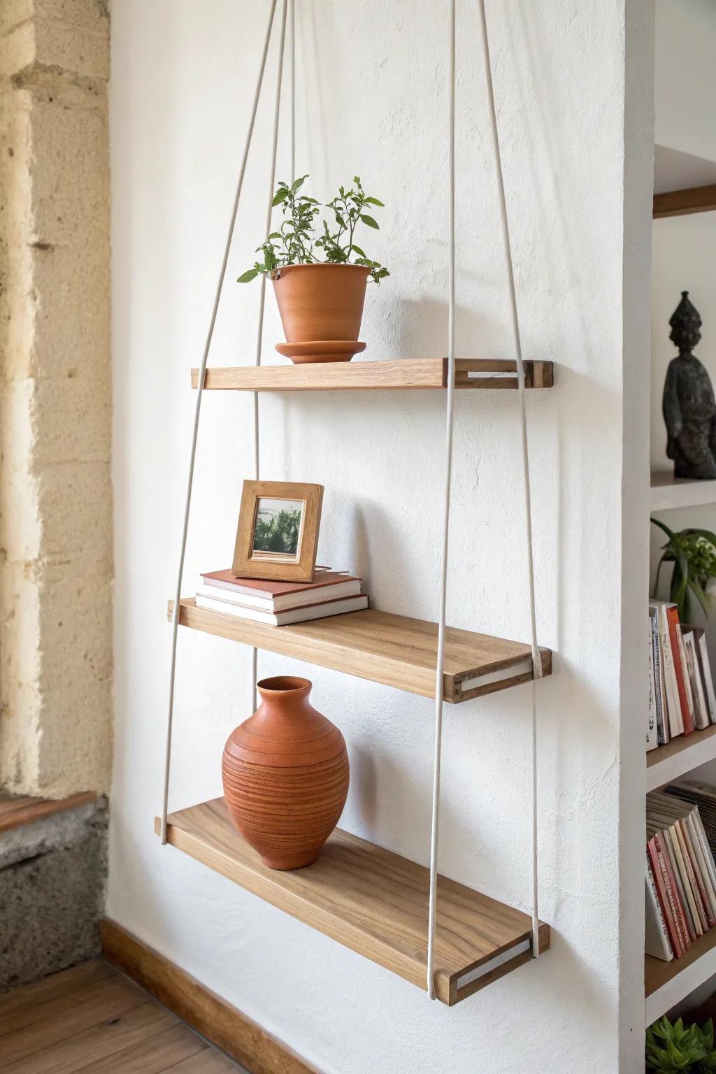 Cable-hung oak shelves that float—minimal, airy, and perfect for tight nooks.