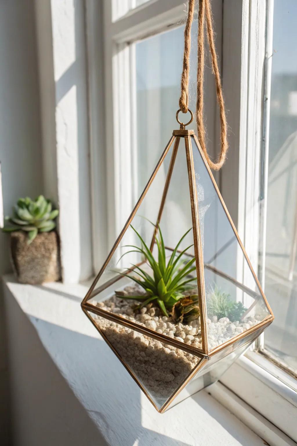 A floaty hanging terrarium with a tiny air plant—lush window greenery with zero bulk.