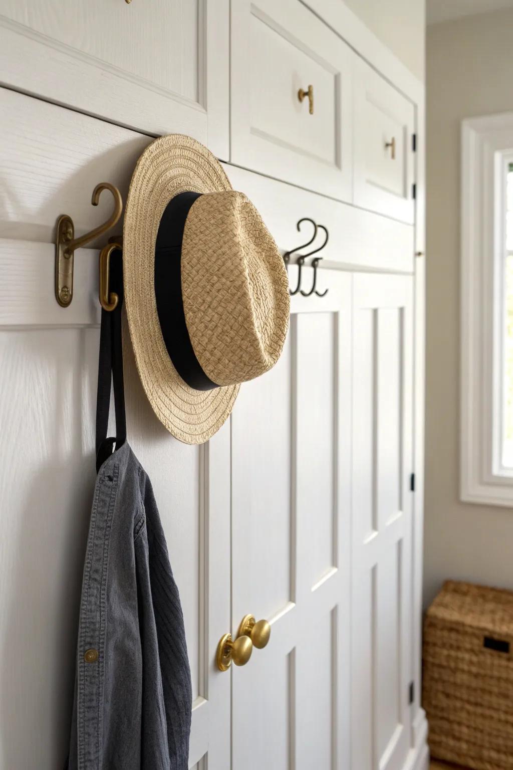 Hide your hats in plain sight—one sleek inside-door hook keeps a fedora neat and reachable.
