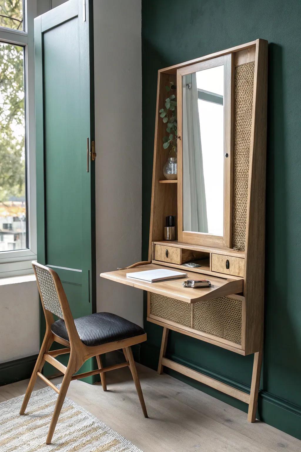 Mirror-front desk magic: brightens a dark corner and disappears into decor when closed.