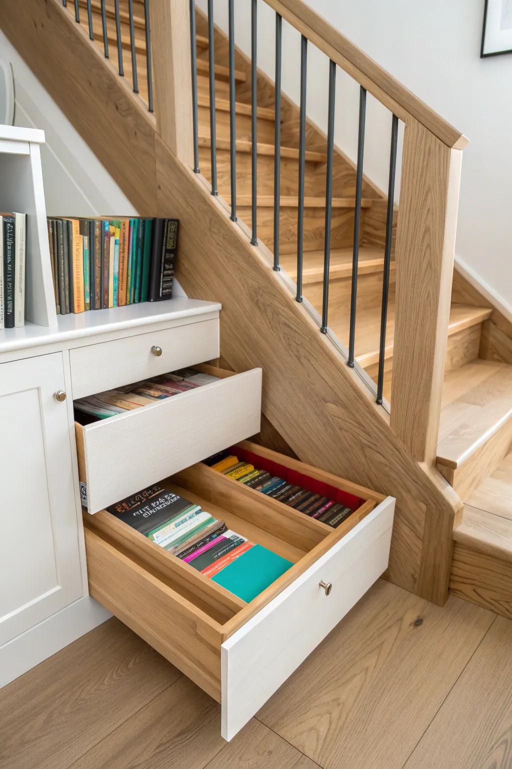 Secret stair riser drawer: DVDs hidden in plain sight, bold spines popping against minimal oak.