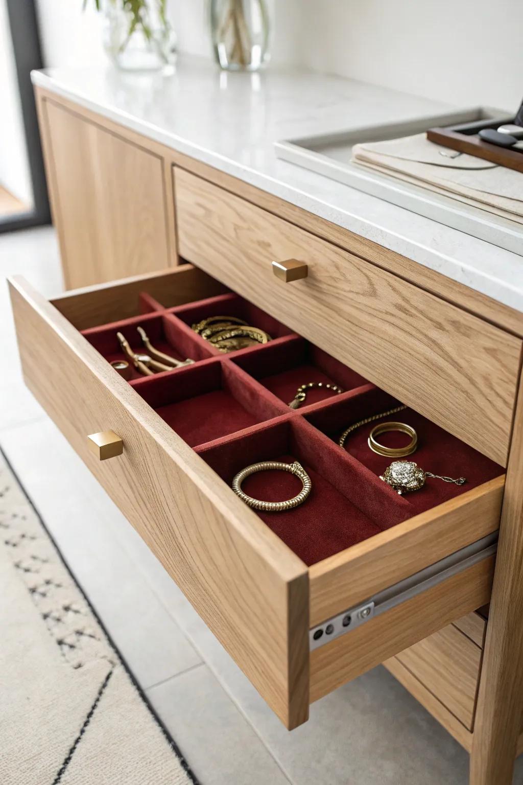 A secret toe-kick drawer turns your vanity into sleek, hidden jewelry storage for tiny bathrooms.