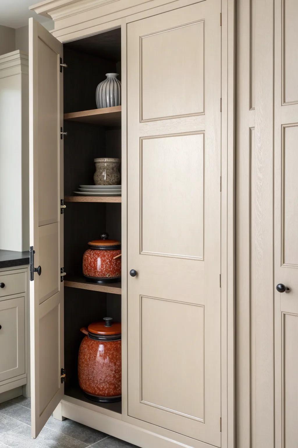 Neutral on the outside, moody inside—this hidden pantry look keeps clutter chic and concealed.