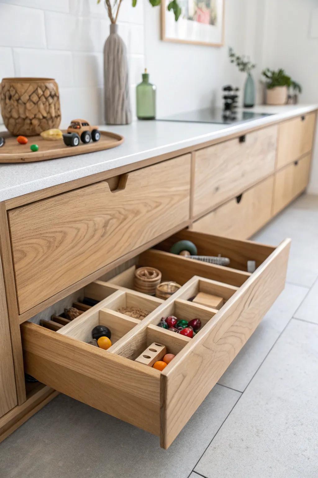 Secret toe-kick drawer keeps micro toys tidy—Scandi clean with bold pops of color.