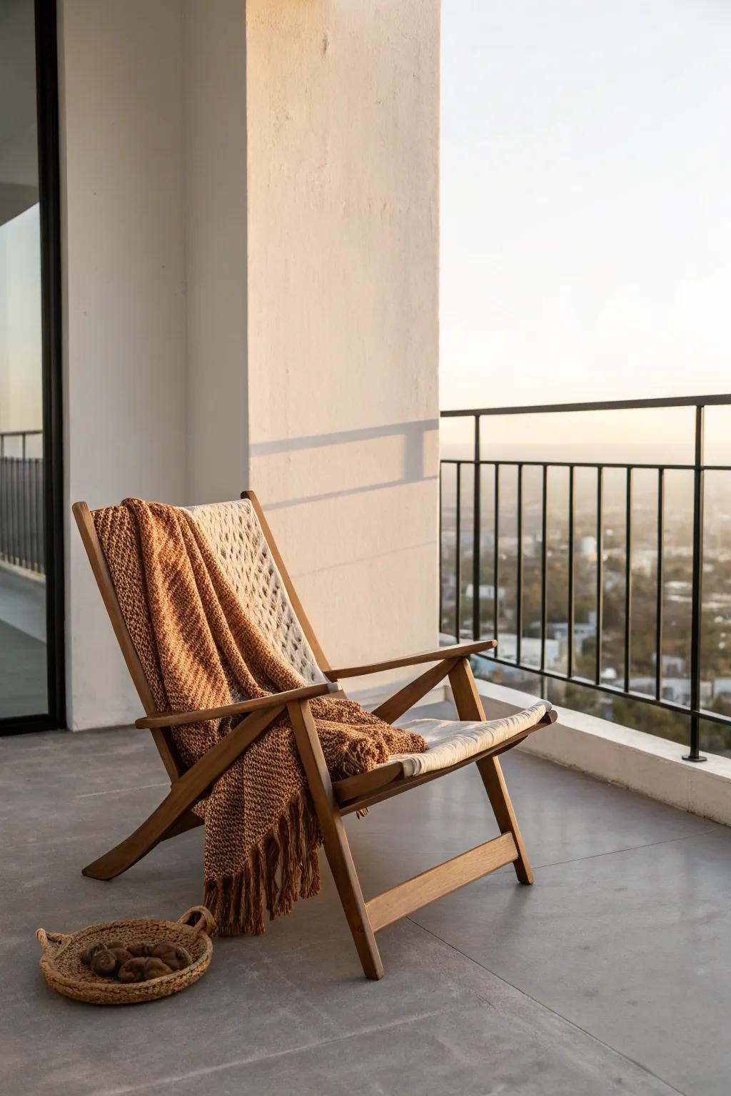 A high-rise balcony corner chair with a bold terracotta throw—your 10-minute mini getaway.
