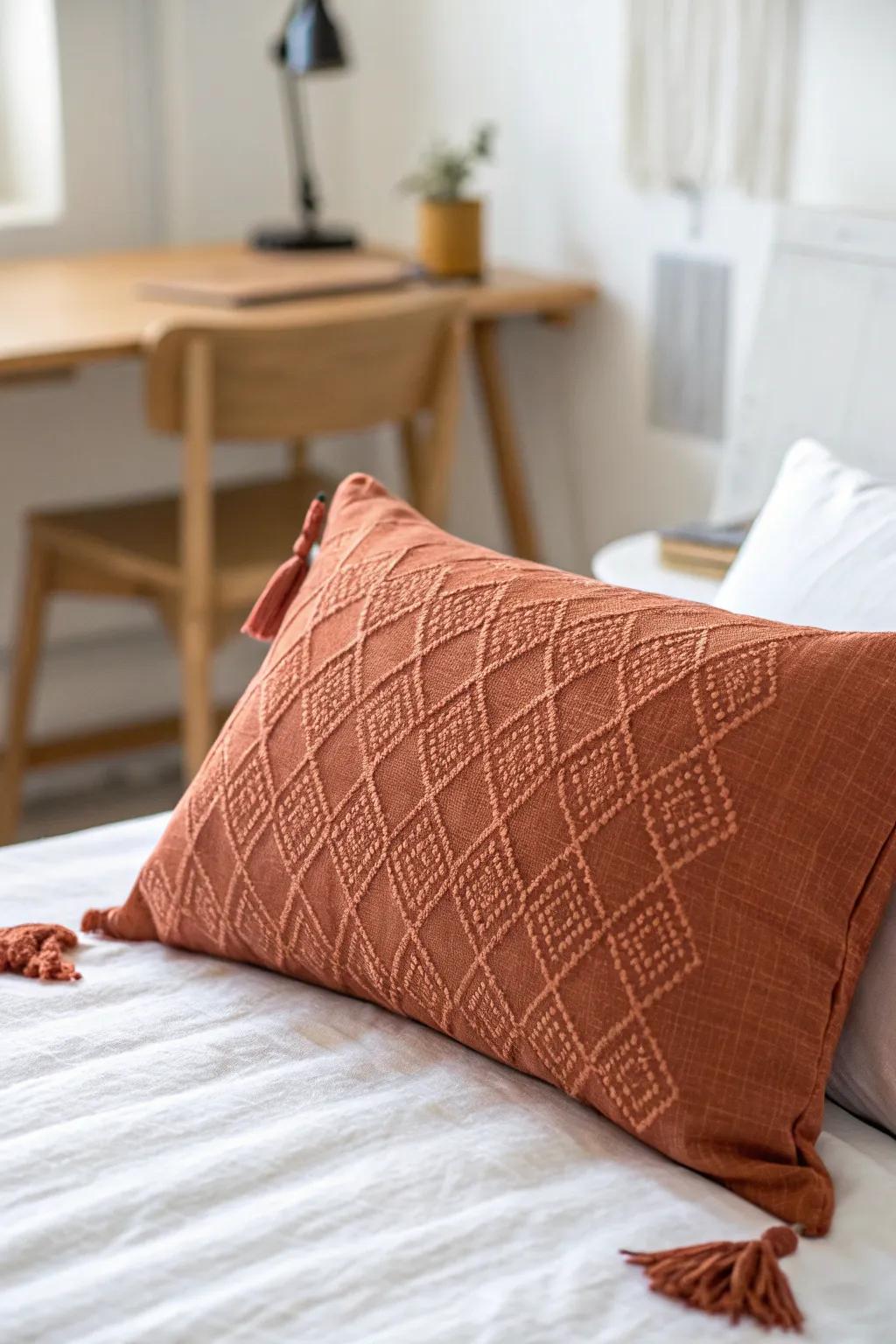 One fabric, two zones: match the desk chair upholstery to guest pillows for instant cohesion.