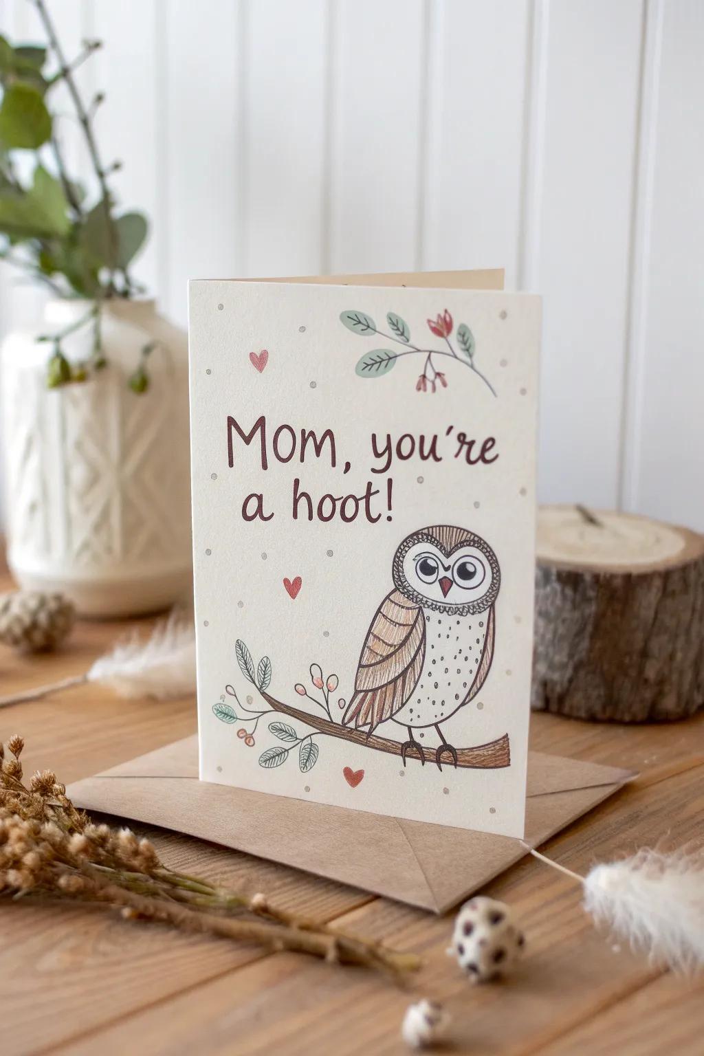 Celebrate Mom's wisdom and wit with this charming, handcrafted owl card. Perfect for a minimalist aesthetic with a playful twist!