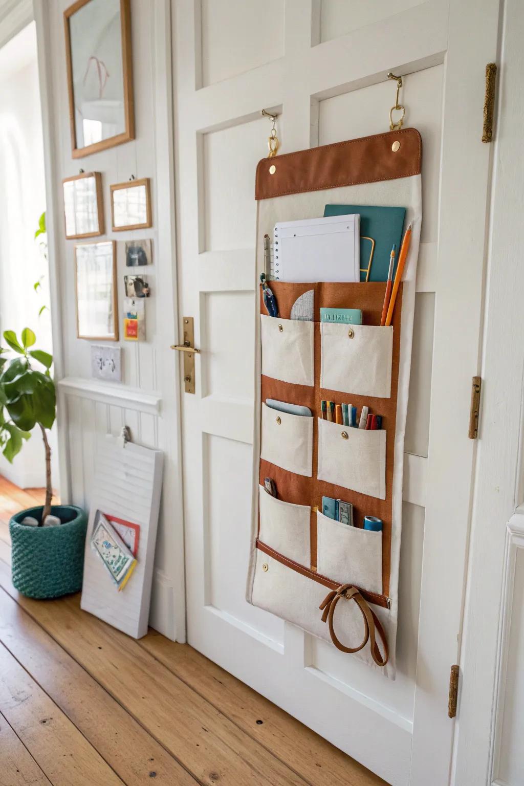 Bonus storage: an over-the-door organizer keeps homeschool tools tidy in tiny rooms.