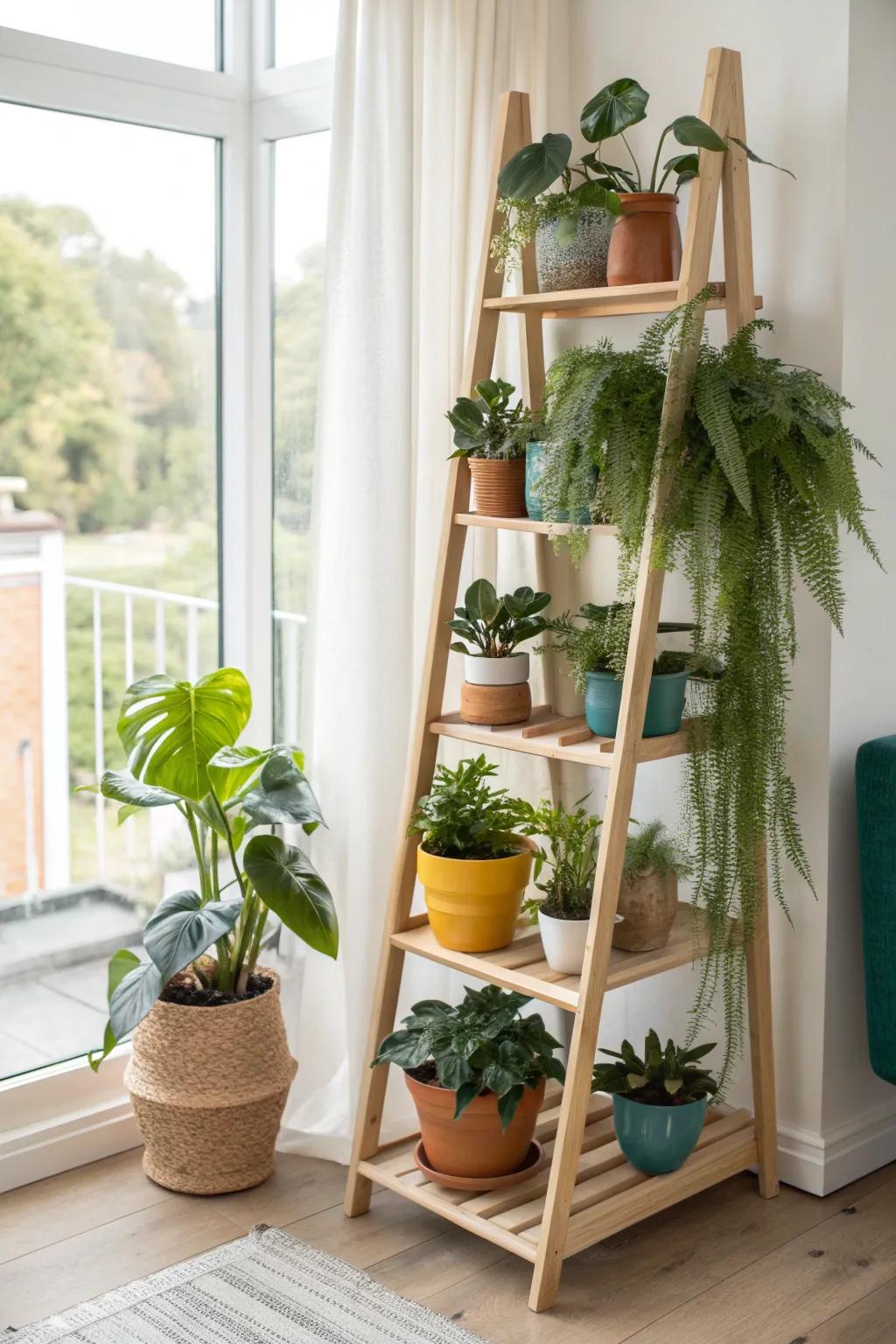 A tall plant shelf turns your sunroom into a dreamy green wall—no floor space needed.