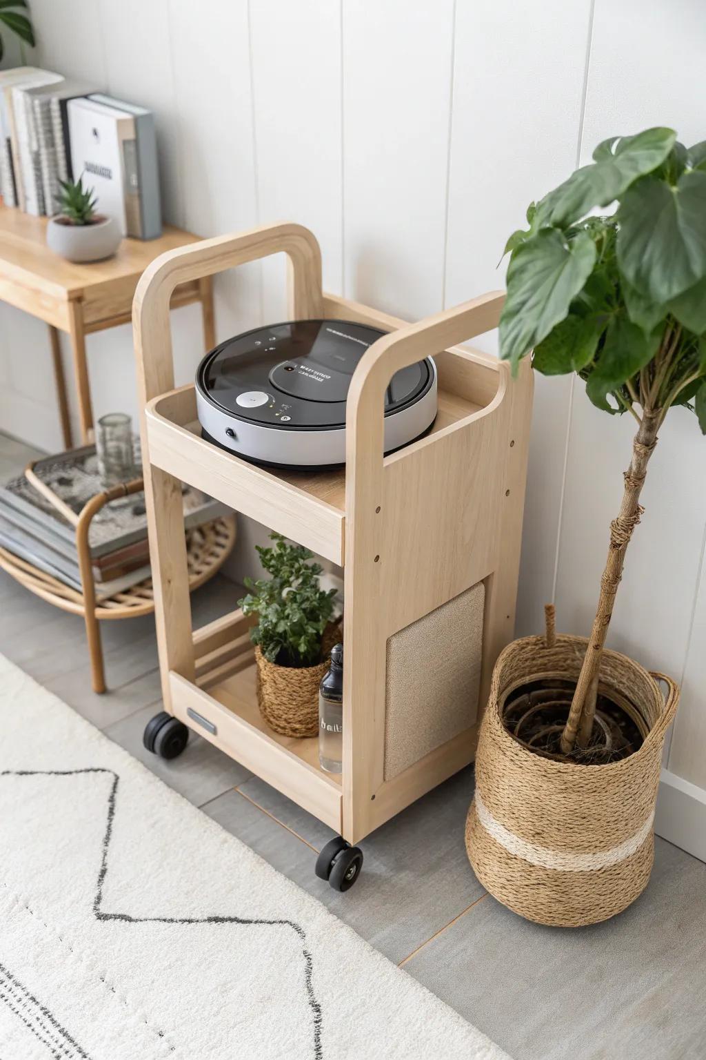 Transform your space with a stylish rolling cart garage for your robot vacuum. Elegance meets functionality in Scandinavian design.