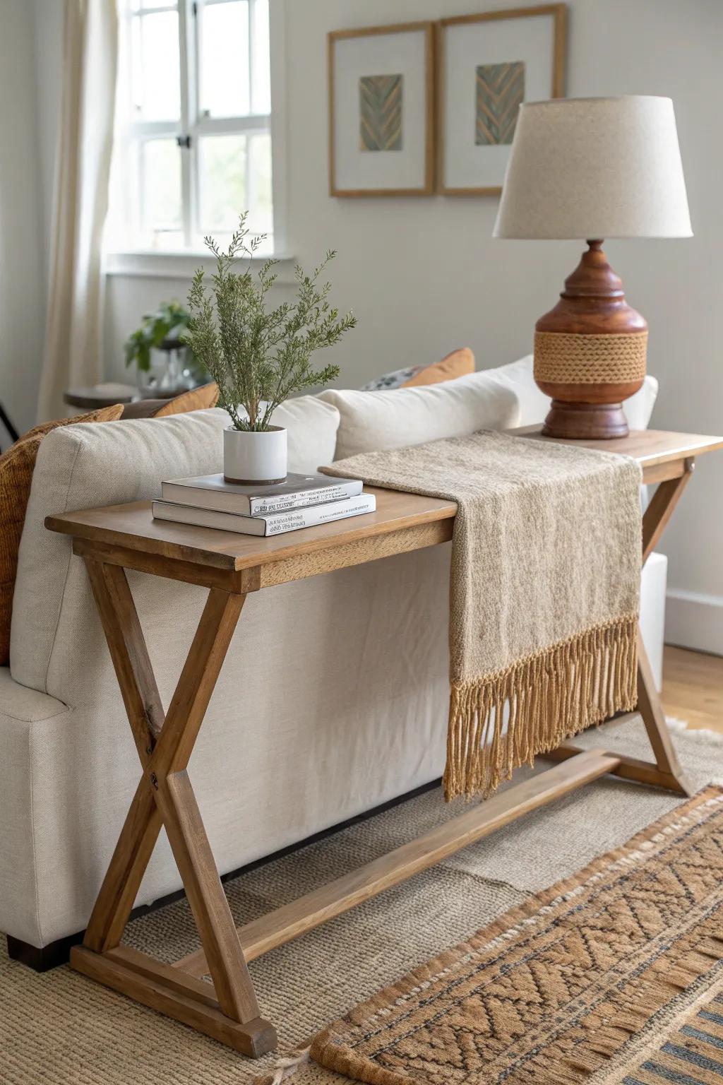 Turn a folding table into a chic console with a runner, books, and a warm sculptural lamp.