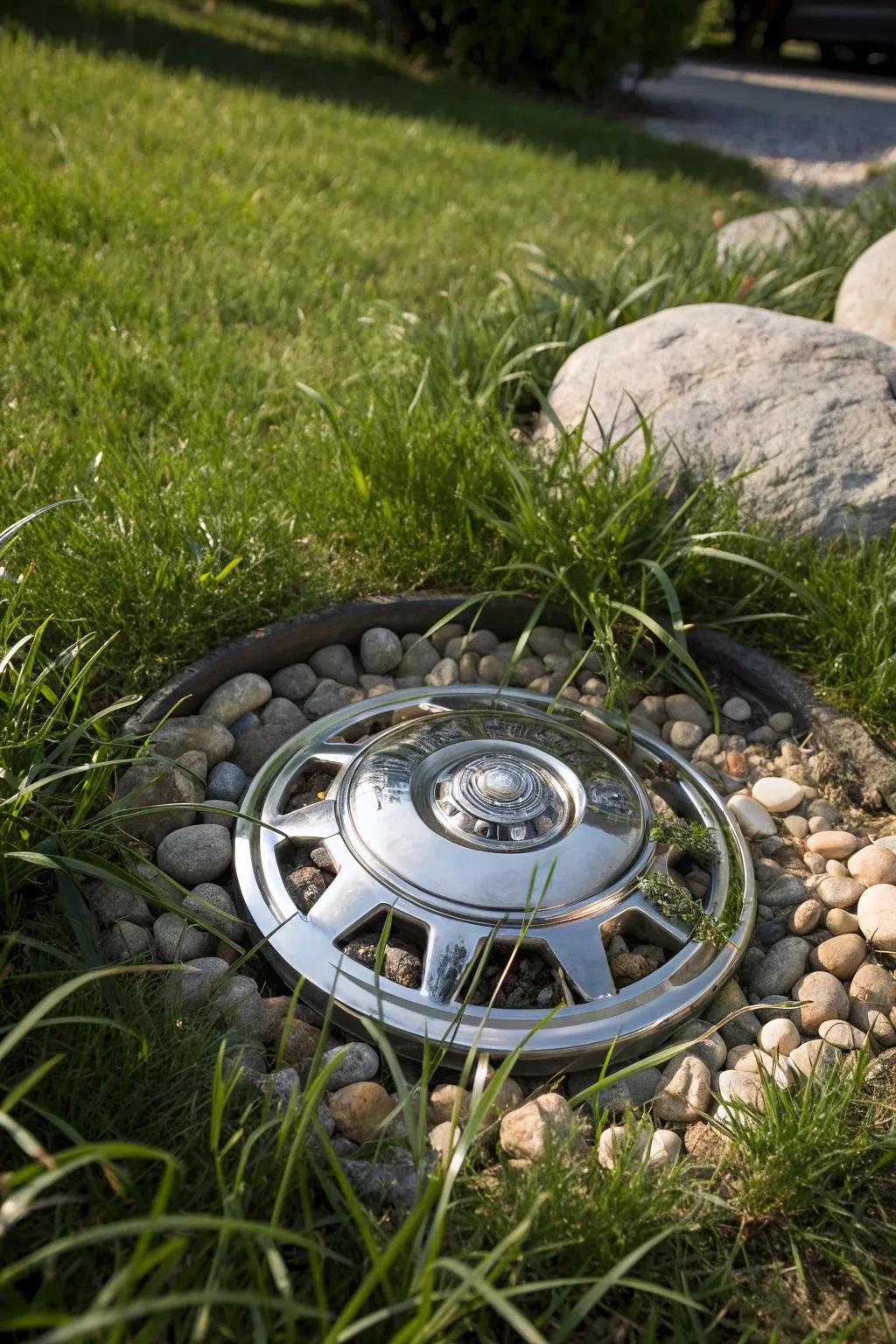 Transform your garden path with stylish hubcap stepping stones for a touch of industrial charm.