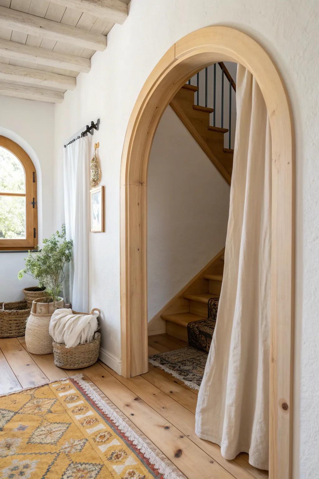 A secret play loft above the stairs: arched nook entrance, rug + bins, Scandinavian boho.