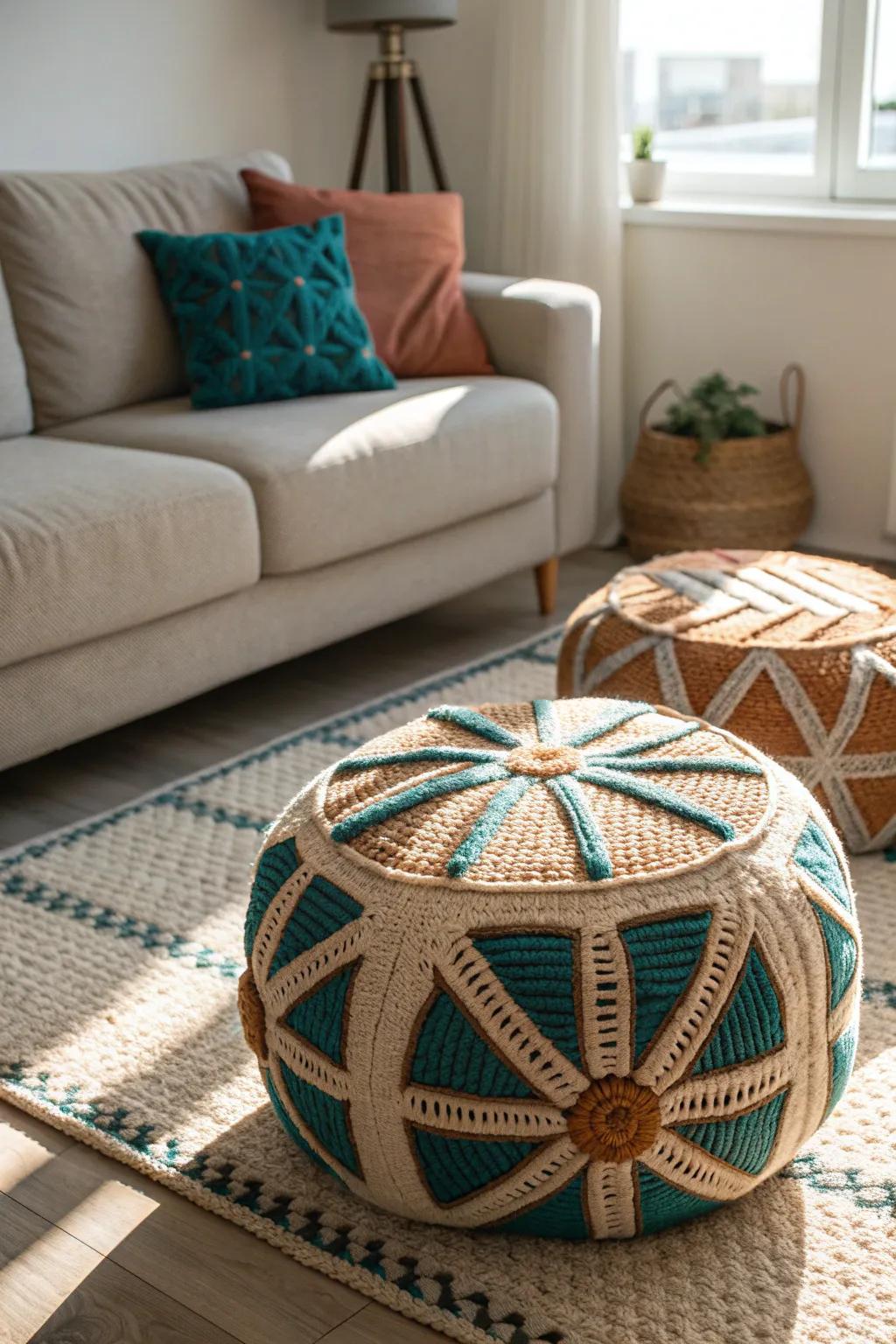 Two poufs turn awkward dead space into a chic, flexible spot for feet or extra seating.