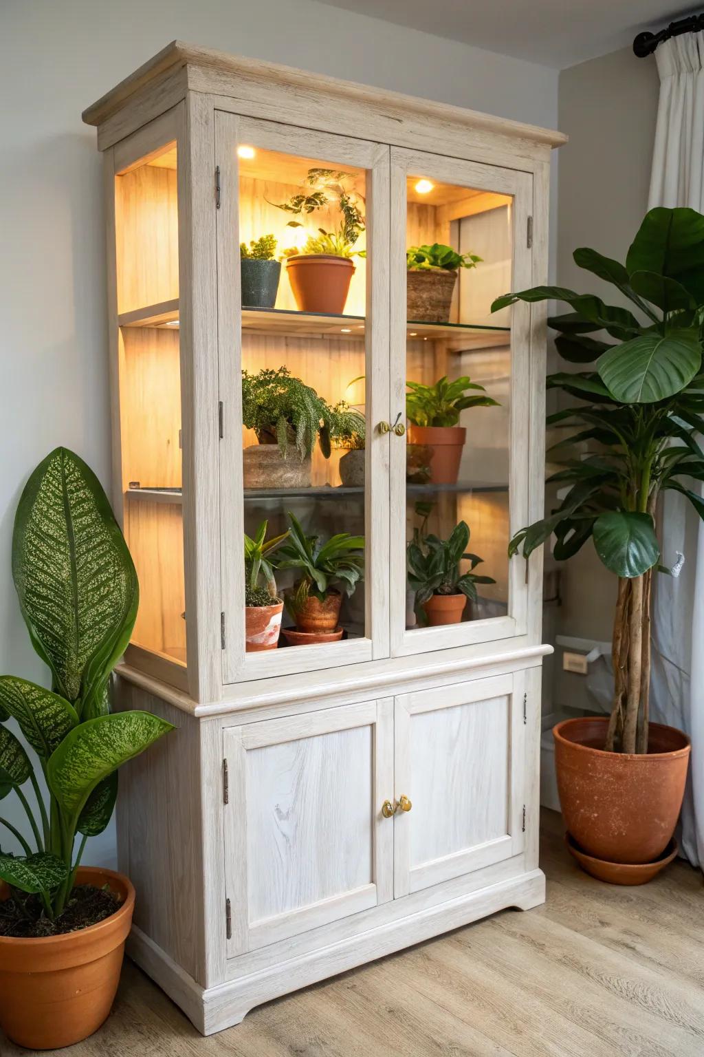 Upcycle an old hutch into a glowing indoor greenhouse cabinet—perfect for small, low‑light spaces.