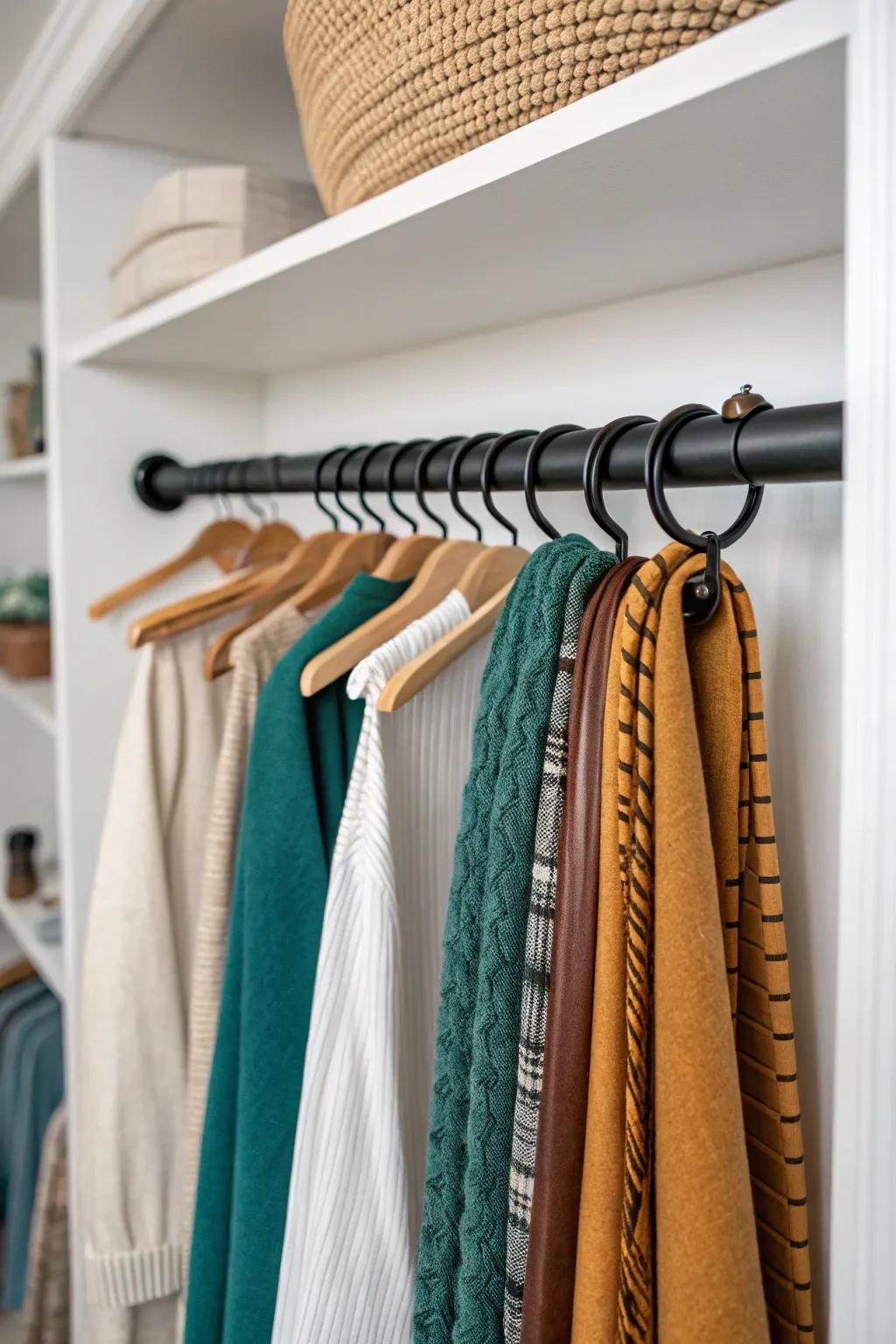 A tension rod + wooden rings turns dead closet space into a chic scarf & belt display.