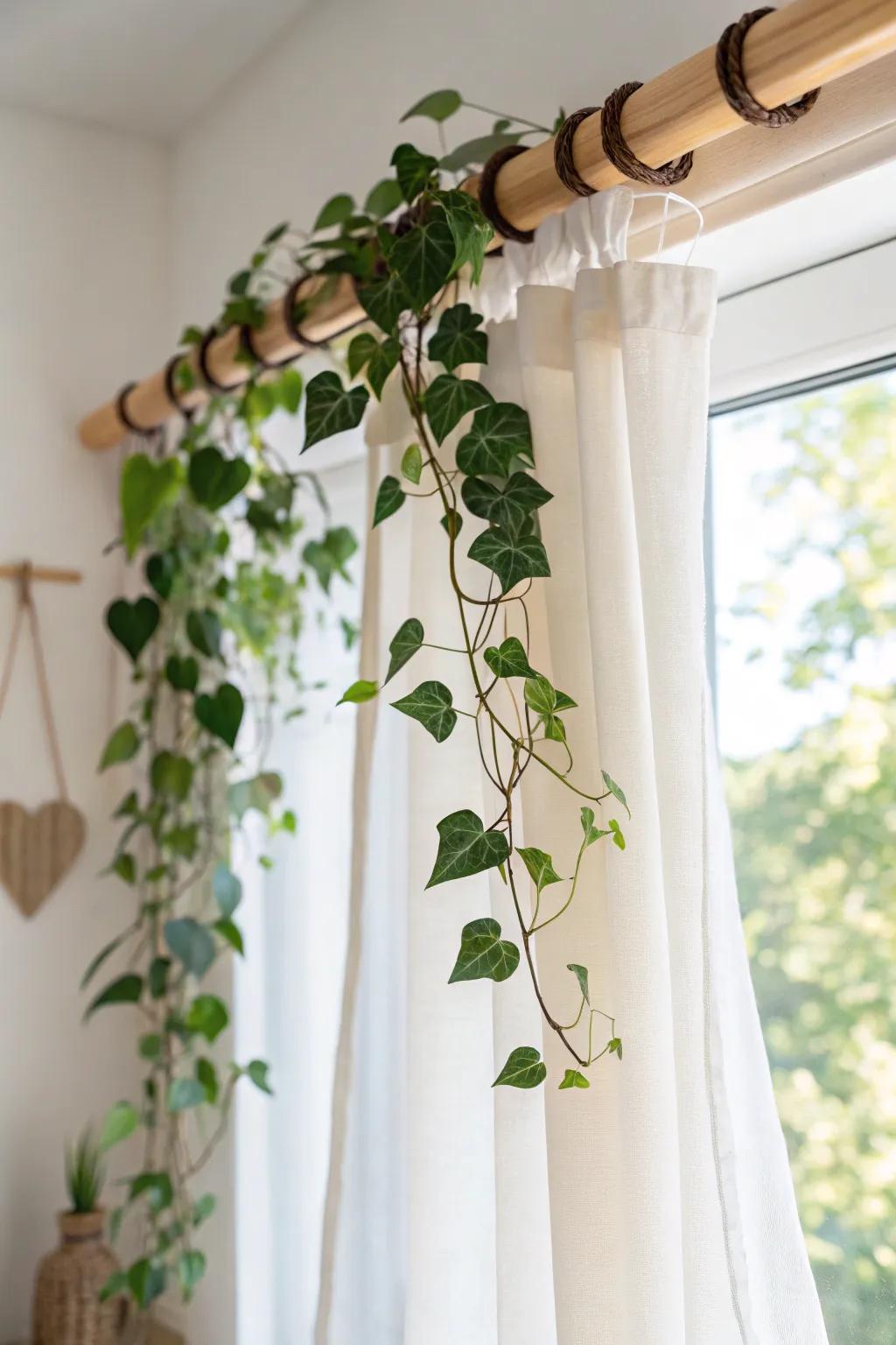 A curtain-rod vine canopy: lush indoor-jungle vibes above your window—zero floor space.