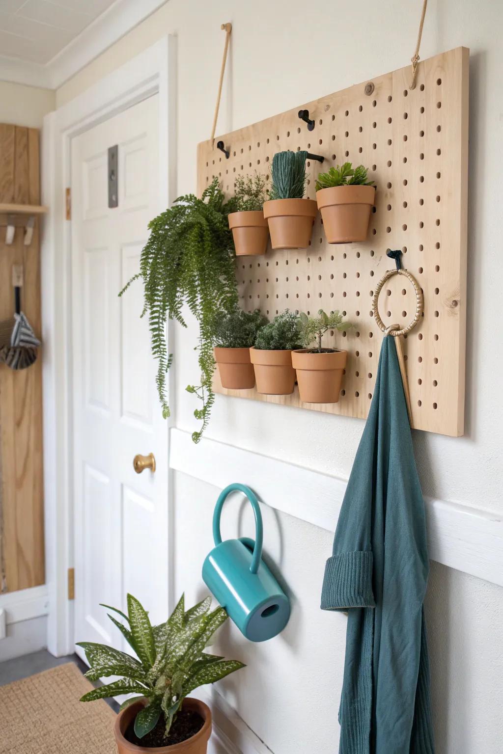 Pegboard plant wall: a flexible, space-saving entry upgrade with bold color and lush greenery.