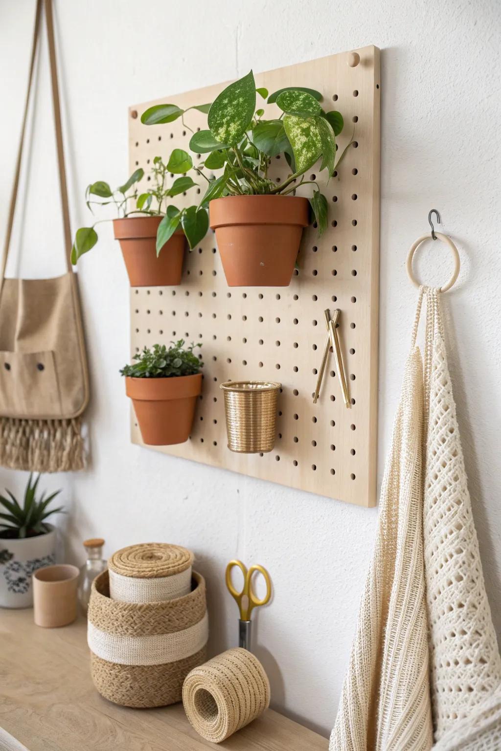 Pegboard wall planter with built-in storage—plants and tools in one chic small-space setup.