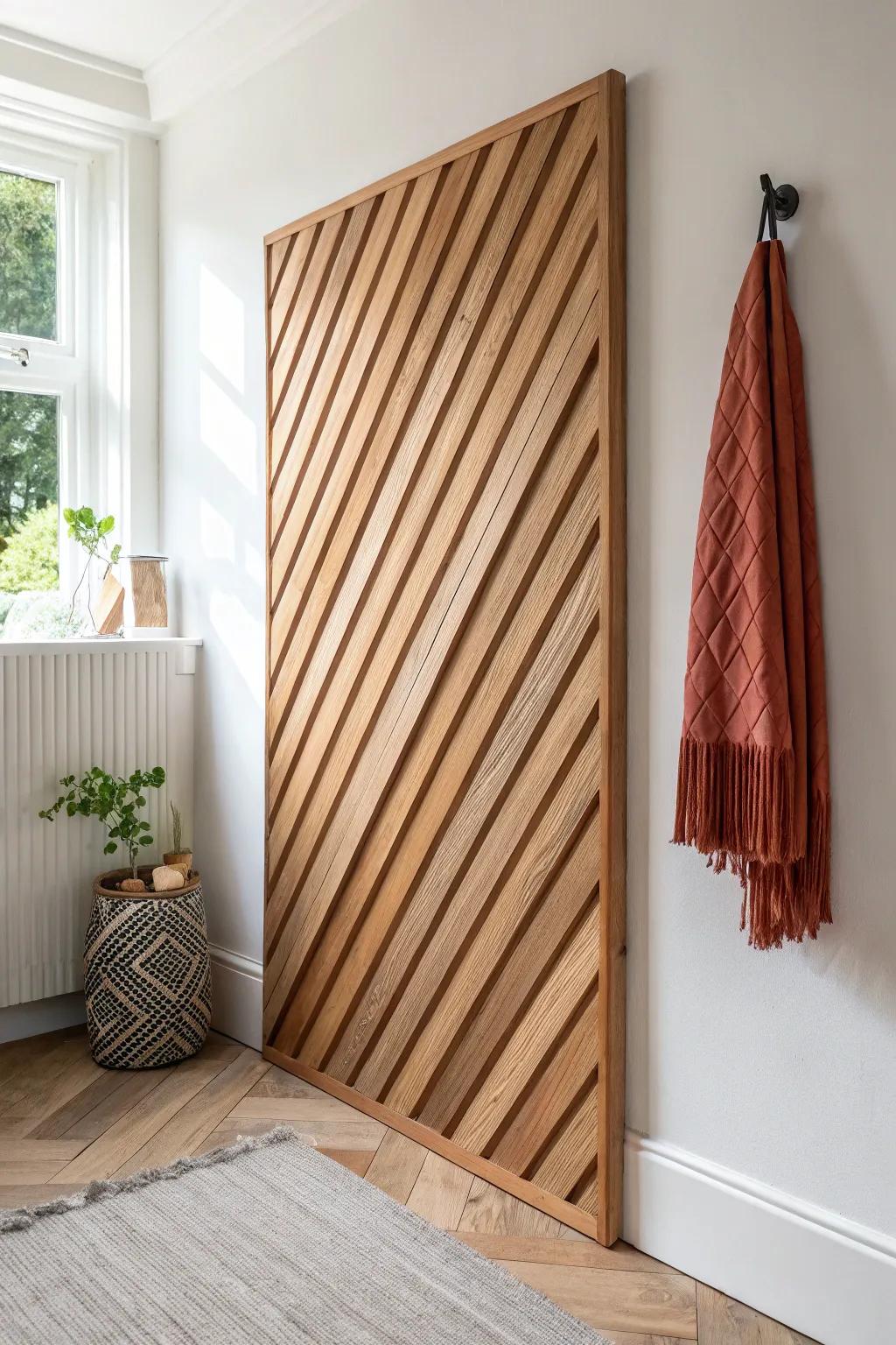 Diagonal oak slats with terracotta backing add instant movement and high-contrast warmth.