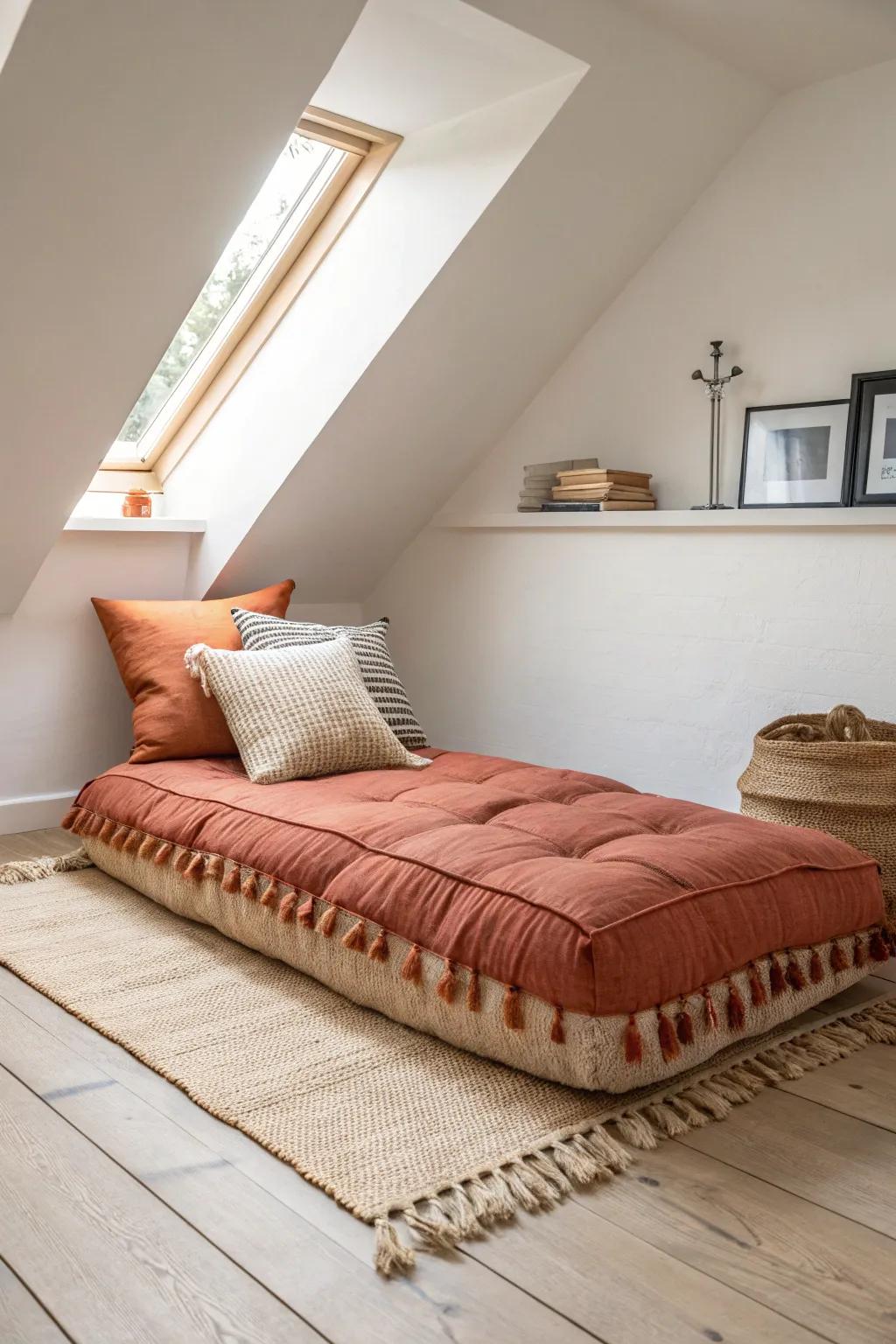Turn the attic slope into a dreamy eaves nook—cozy daybed comfort with bold terracotta pop.