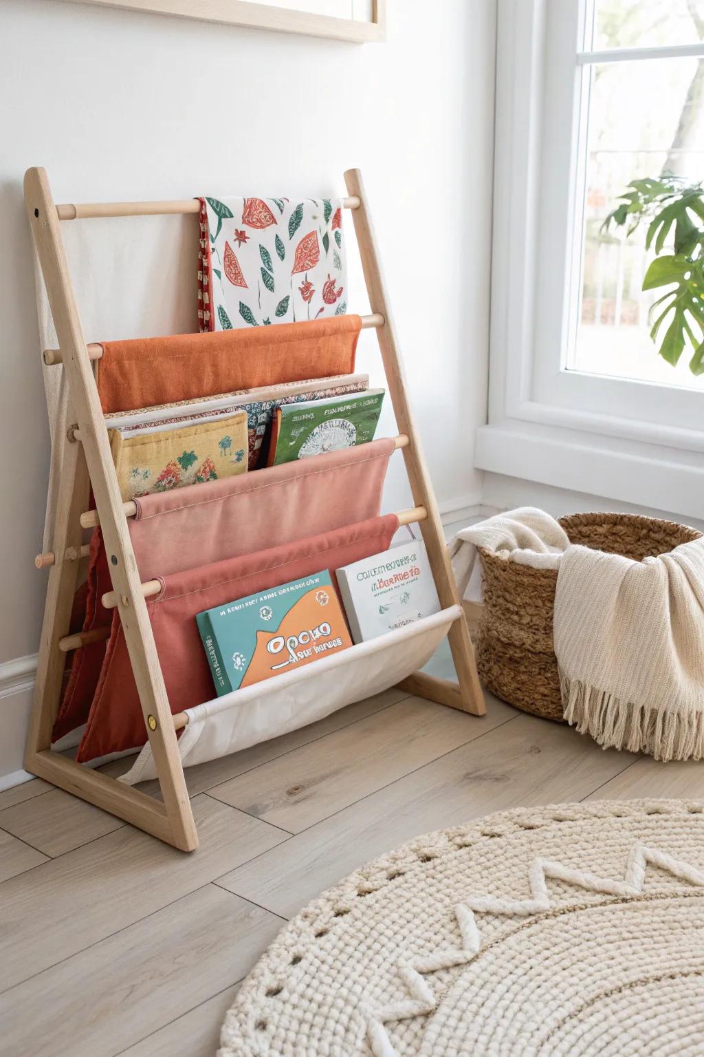 A chic fabric sling book rack that keeps toddler favorites front-facing in the tiniest nook.