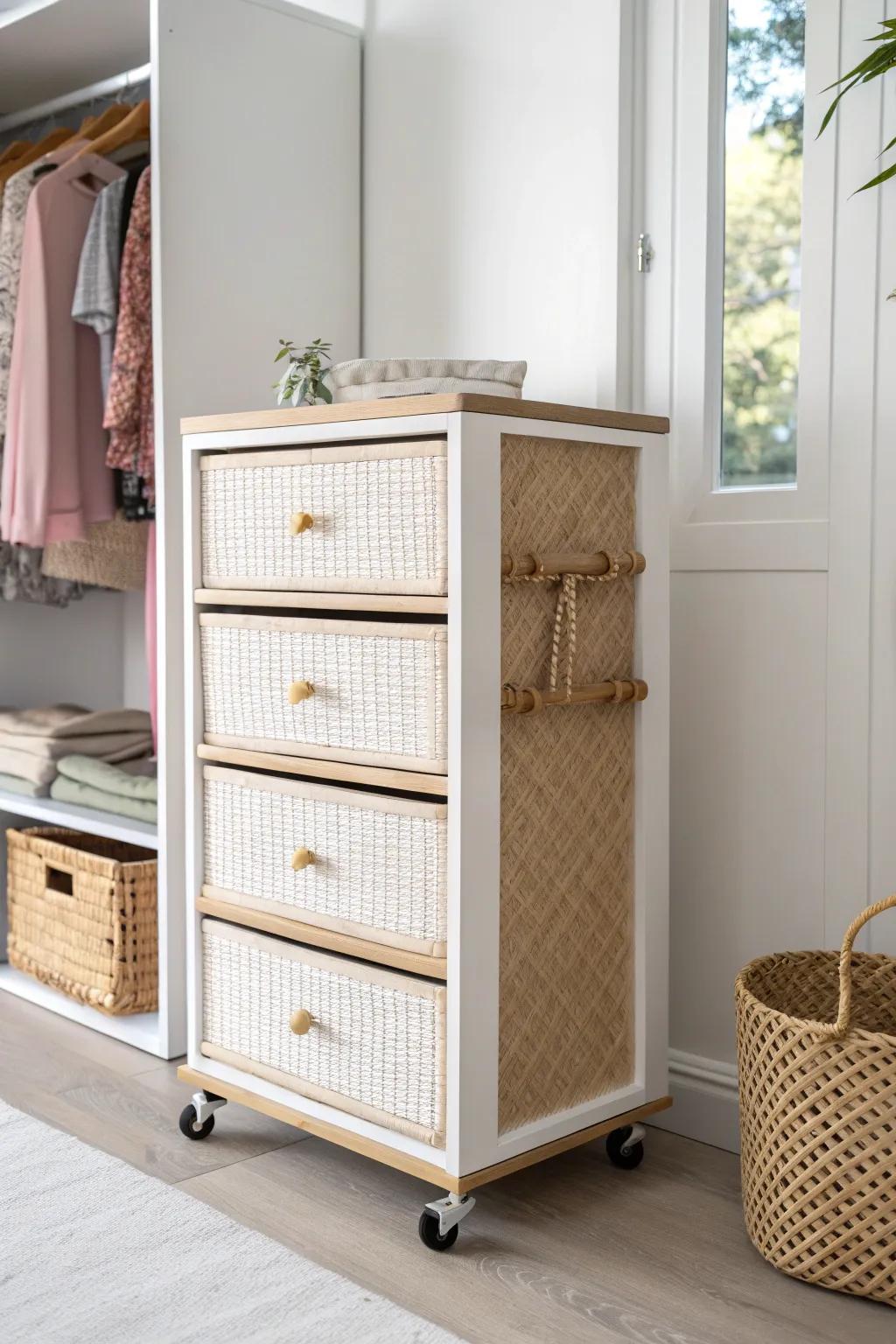 Rolling drawer cart = mini dresser: slim storage that slides out on laundry day, then tucks away.