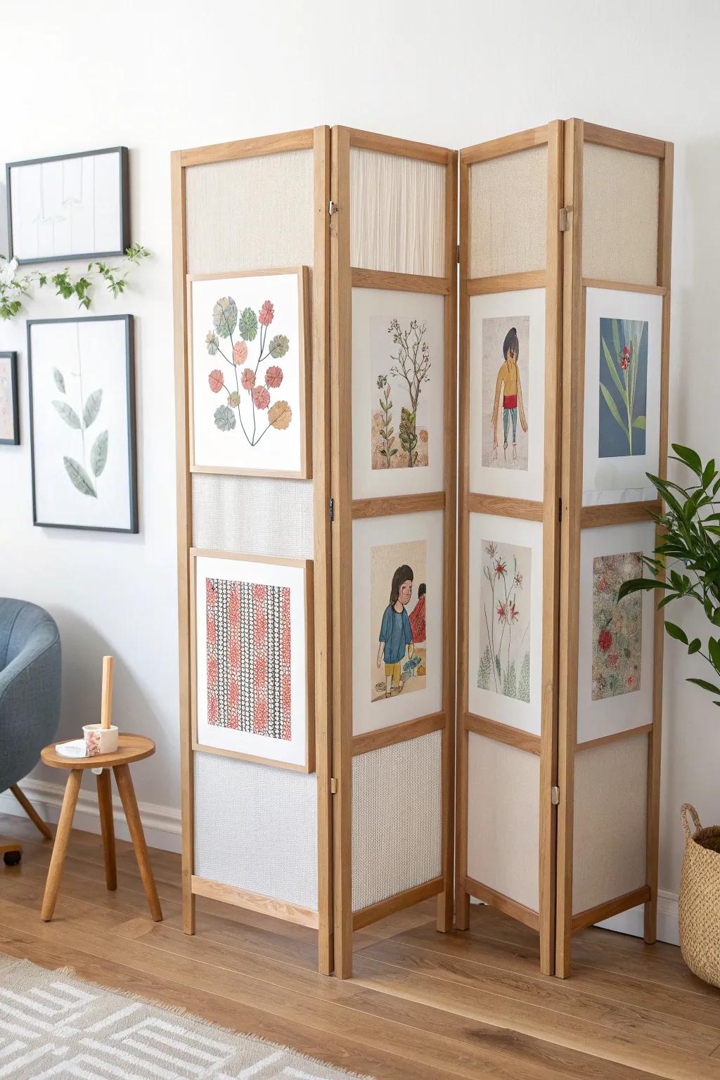 A folding divider that doubles as a mini gallery wall—instant separation and kid-approved decor.
