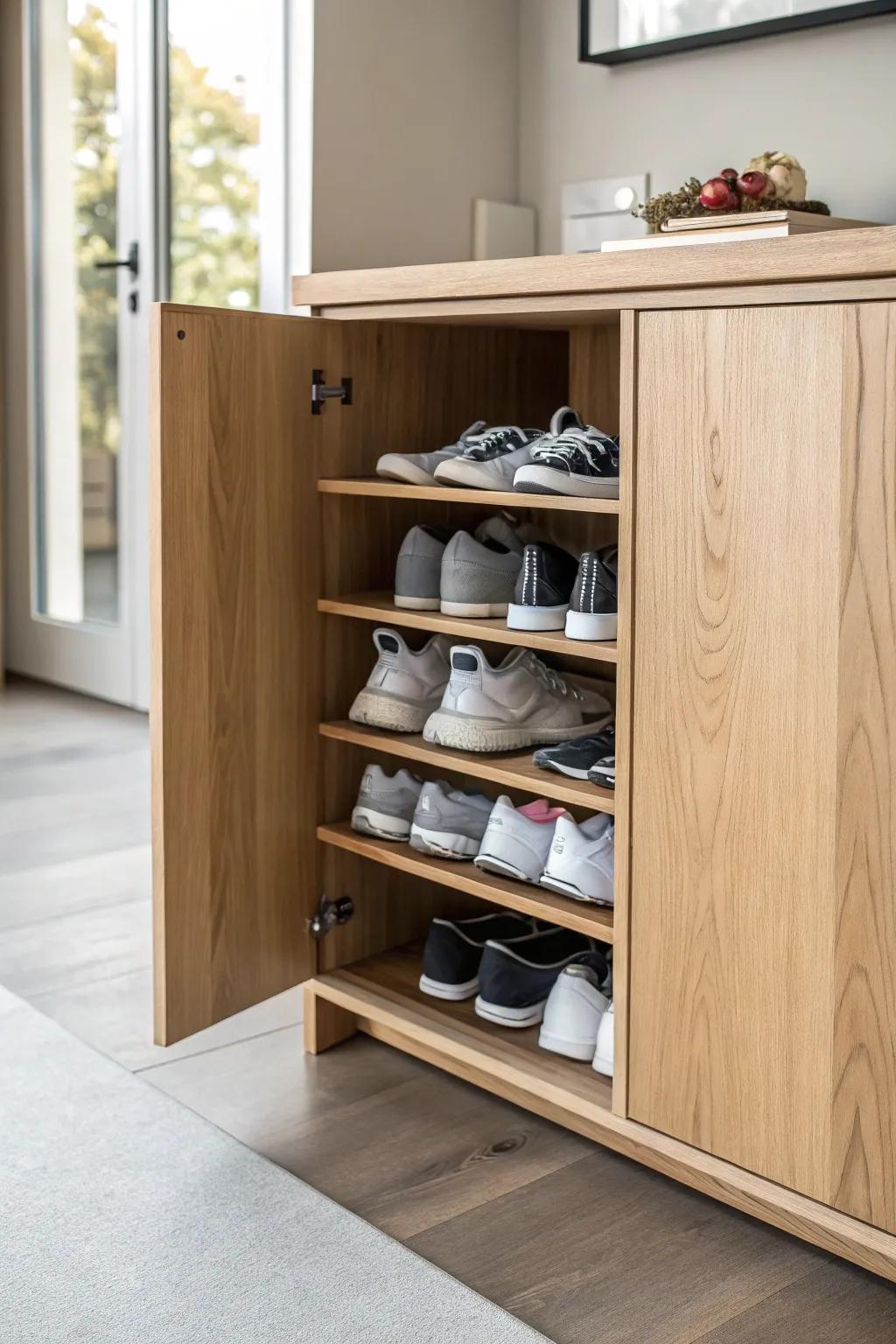A hidden shoe garage inside a cabinet keeps kids’ shoes organized without visual clutter.