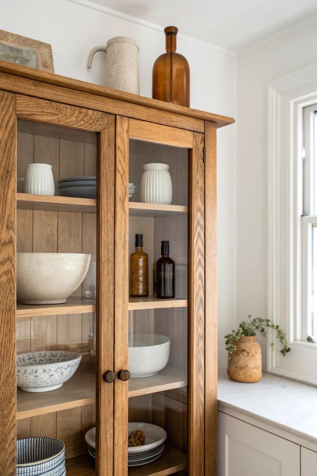 Make stacked glass-top cabinets feel light—style a rotating mini gallery with bold contrast.