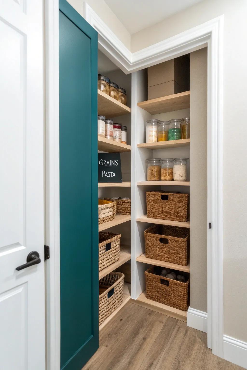 Reach-in closet to pantry: warm wood shelves, door racks, and clear zones in one swoon.
