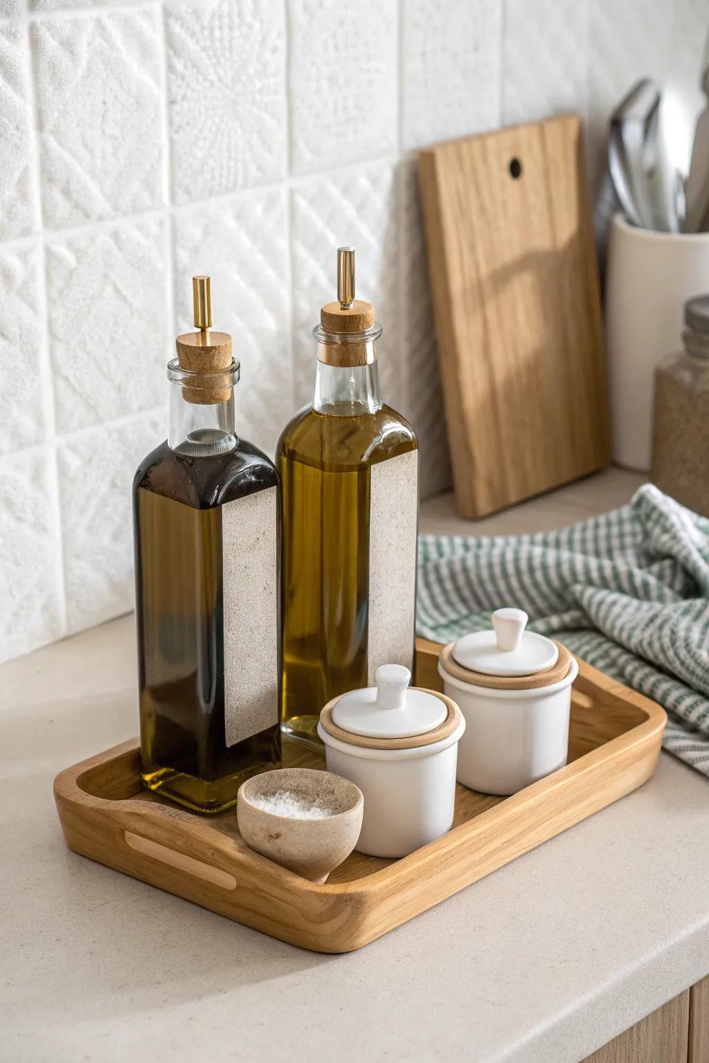 A sleek bottle trio + salt cellar keeps your cooking essentials chic and always within reach.