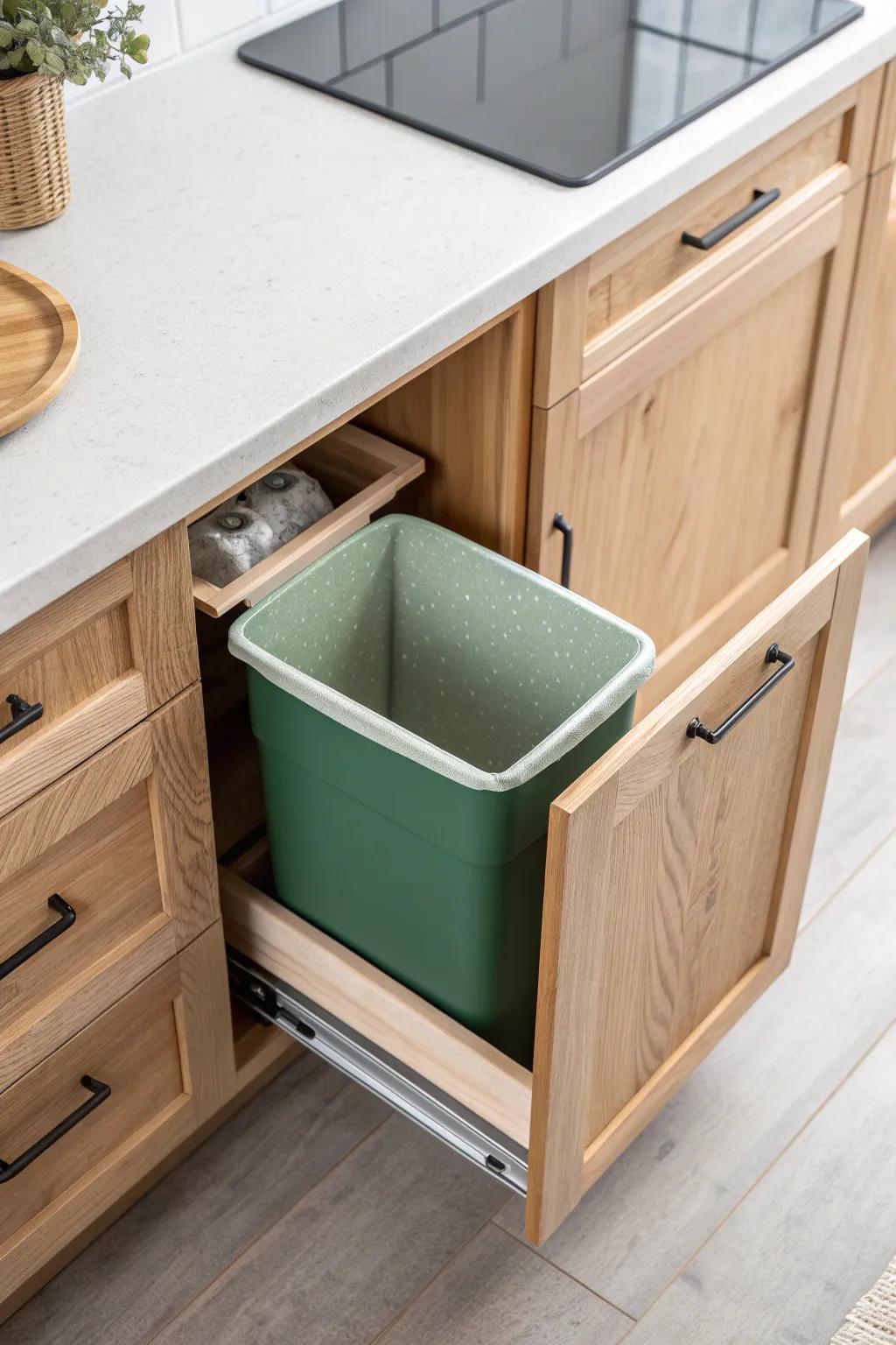 A slim pull-out mini bin transforms that awkward kitchen gap into a hidden compost spot.