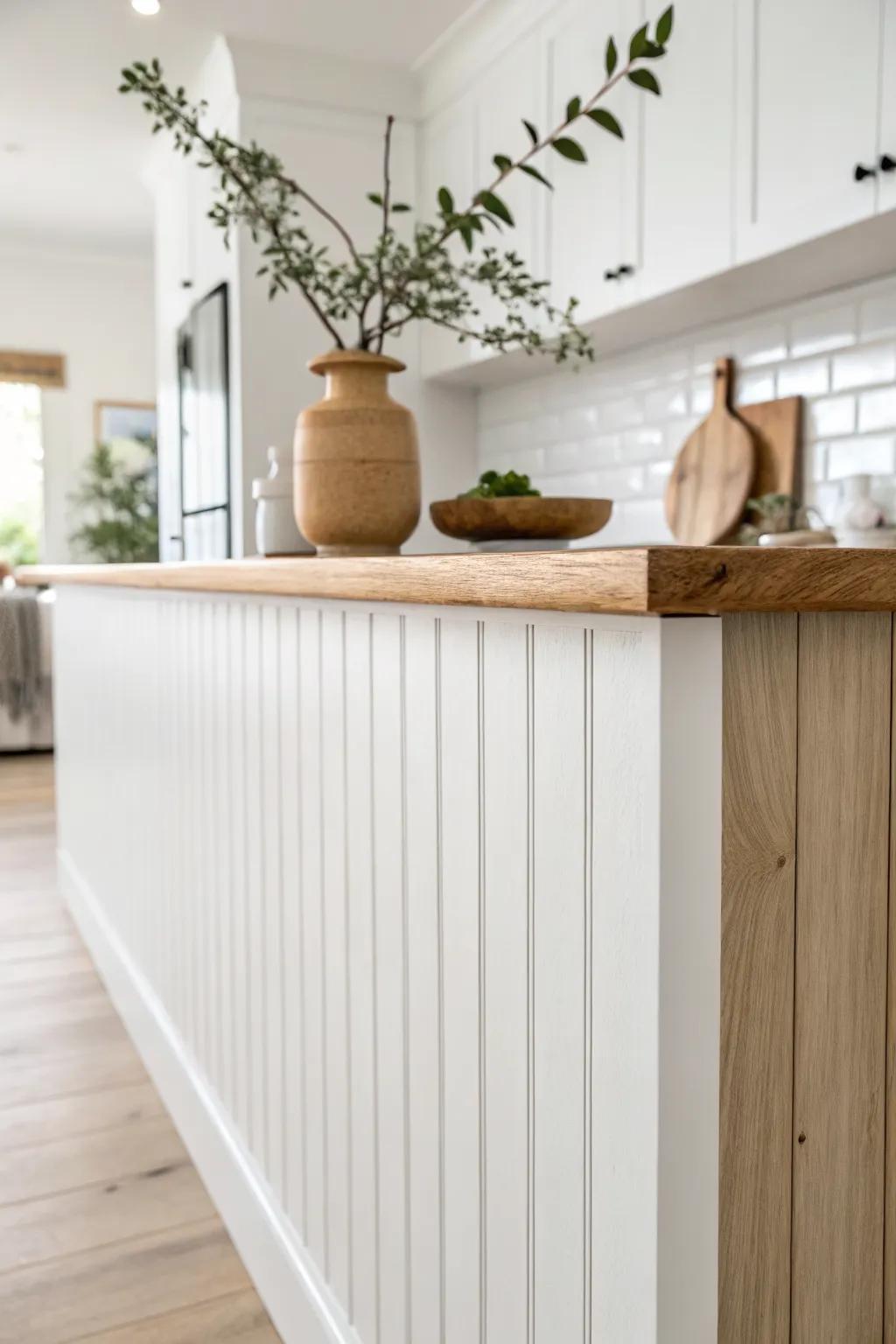 Shiplap-wrapped half wall with an oak cap adds cozy texture and contrast to an open kitchen.