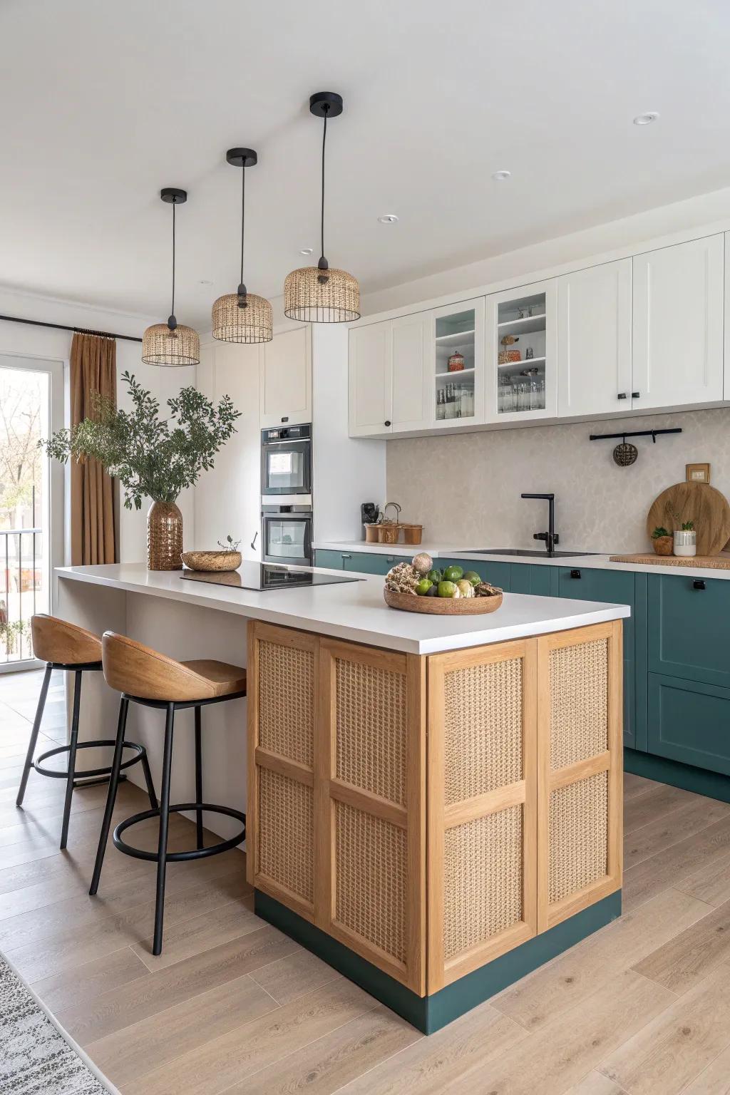 L‑shaped island with dining return: prep + perch in one sleek, small‑space statement.